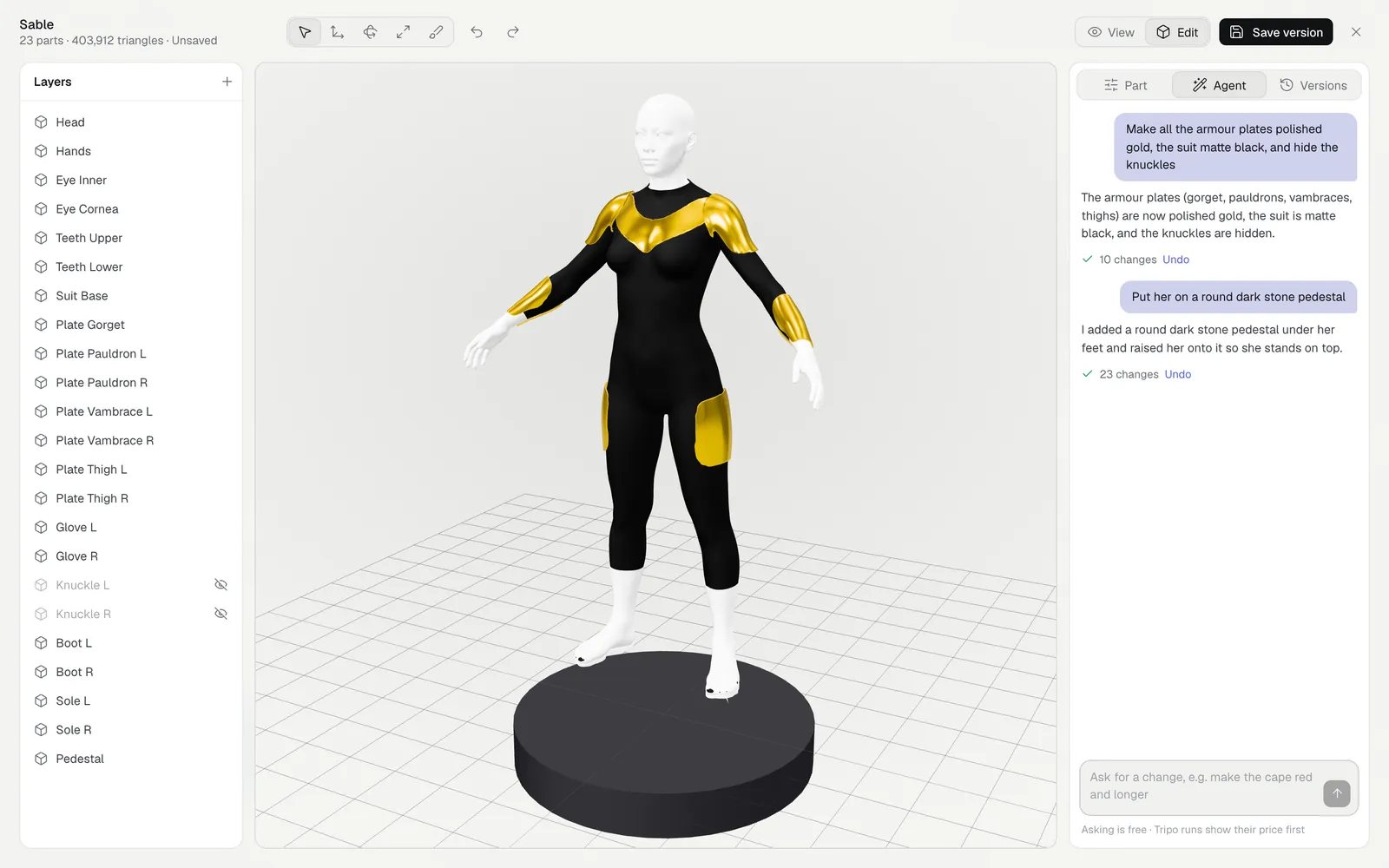 The 3D editor on a figure of 22 parts: Layers on the left, the plates made polished gold and the suit matte black by the agent, a round dark stone pedestal under her, and the agent's thread on the right