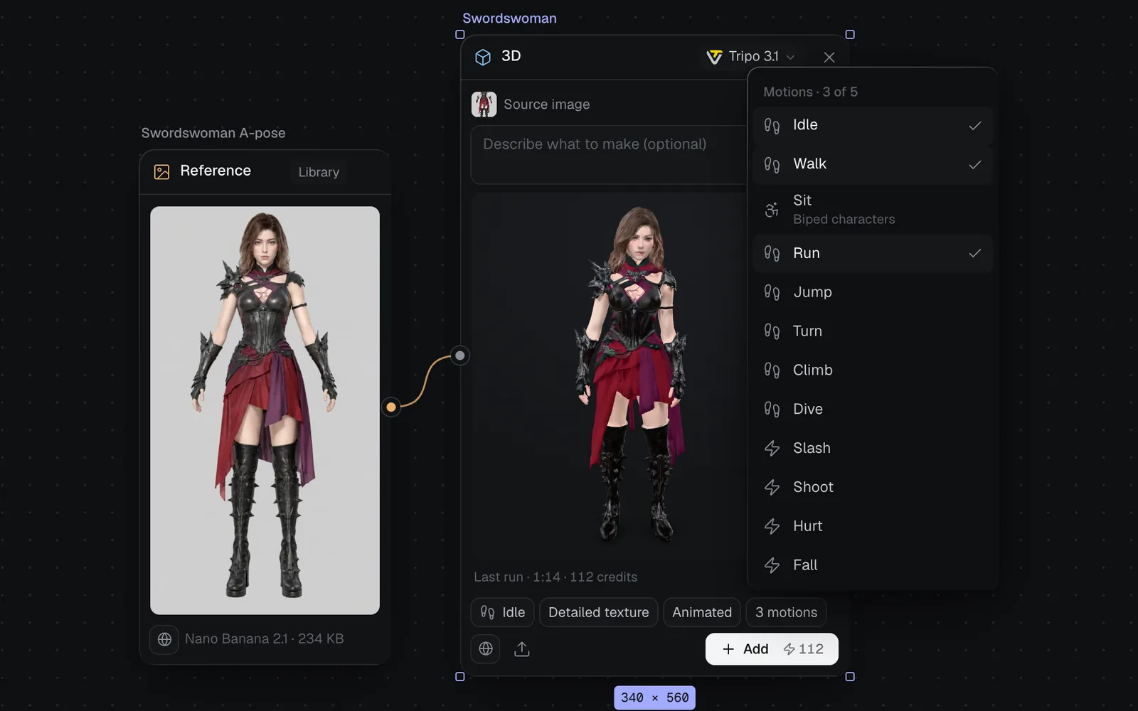 A canvas where the swordswoman A-pose picture feeds a 3D node on Tripo 3.1 showing the finished model, with chips for Idle, Detailed texture, Animated and 3 motions, and its Motions menu open: Idle, Walk and Run ticked, 3 of 5