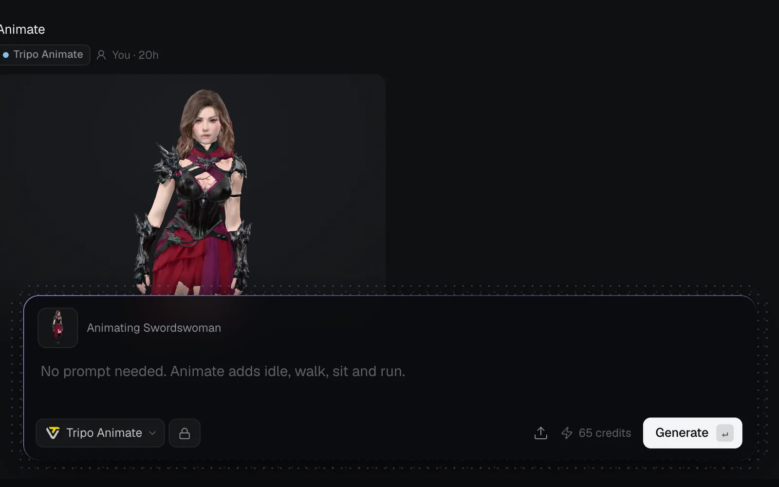 The prompt box with a model attached, labelled Animating Swordswoman, the placeholder No prompt needed. Animate adds idle, walk, sit and run, and Tripo Animate at 65 credits