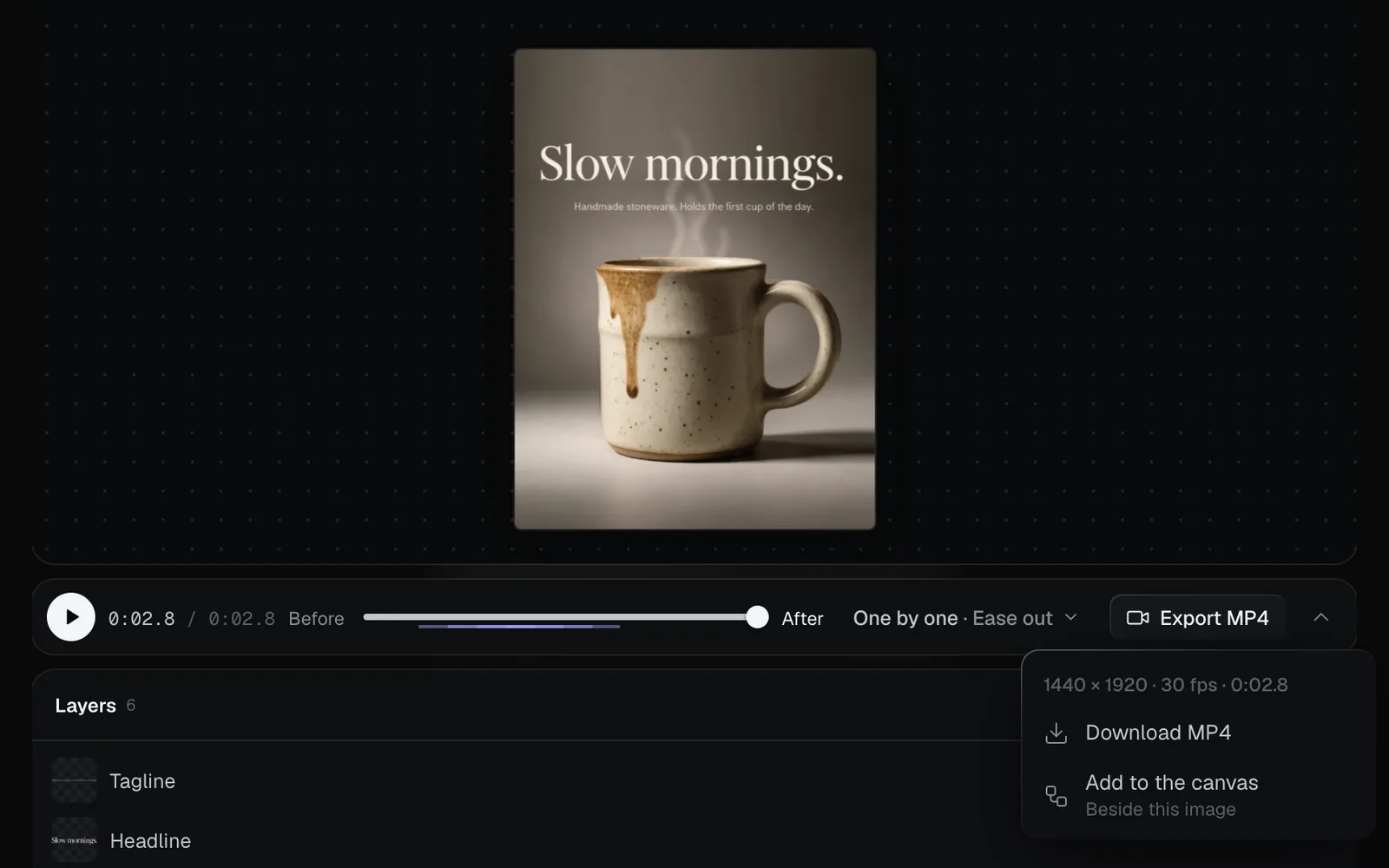 The poster above the timeline and the Export MP4 menu open under its button: 1440 × 1920 · 30 fps · 0:02.8, then Download MP4, and Add to the canvas, Beside this image