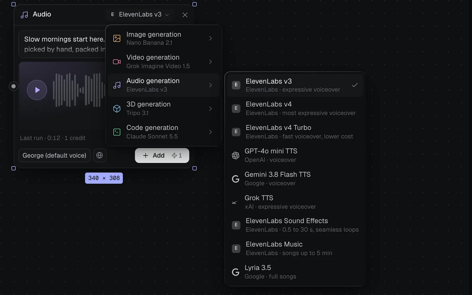 The model menu of a voiceover node, open on Audio generation: ElevenLabs v3 (ticked), ElevenLabs v4, ElevenLabs v4 Turbo, GPT-4o mini TTS, Gemini 3.8 Flash TTS, Grok TTS, ElevenLabs Sound Effects, ElevenLabs Music and Lyria 3.5, each with its maker and what it's for
