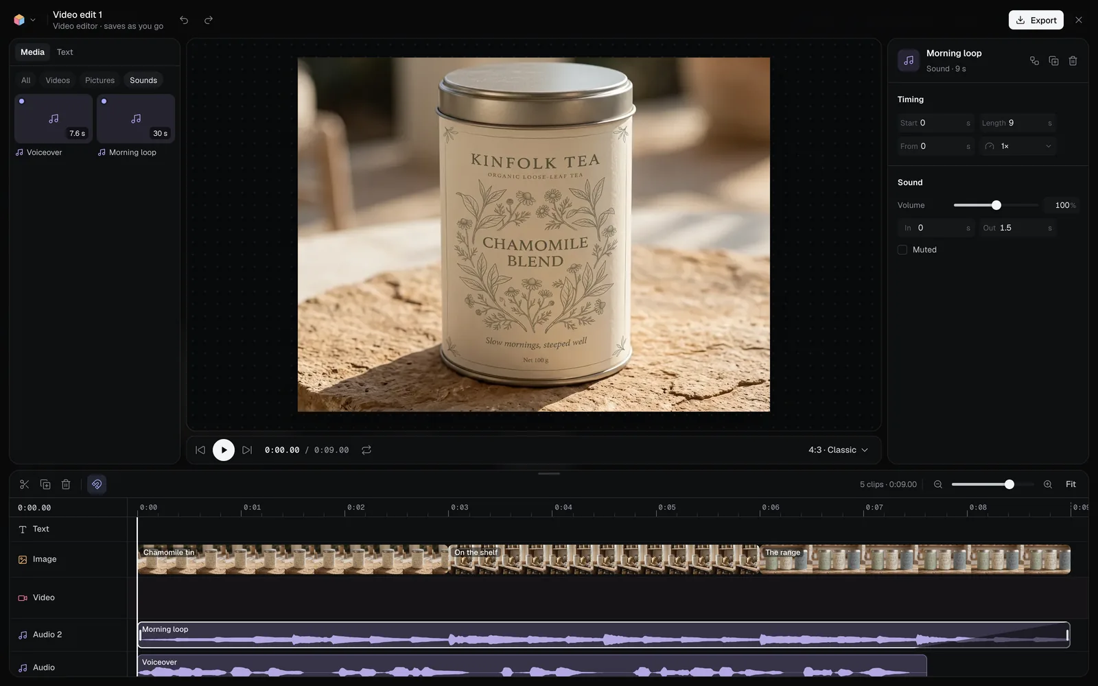 The video editor with Sounds picked in the Media panel: three tea pictures on the Image lane, 9 seconds in all, the voiceover on the Audio lane from the start, and the morning music loop under it on Audio 2, fading out at 9 seconds