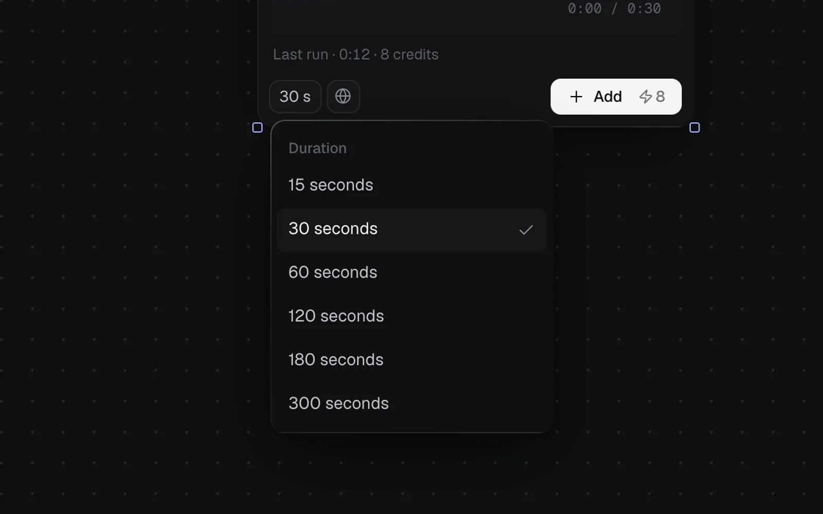 An ElevenLabs Music node's length chip open on its Duration menu: 15 seconds, 30 seconds (ticked), 60, 120, 180 and 300 seconds