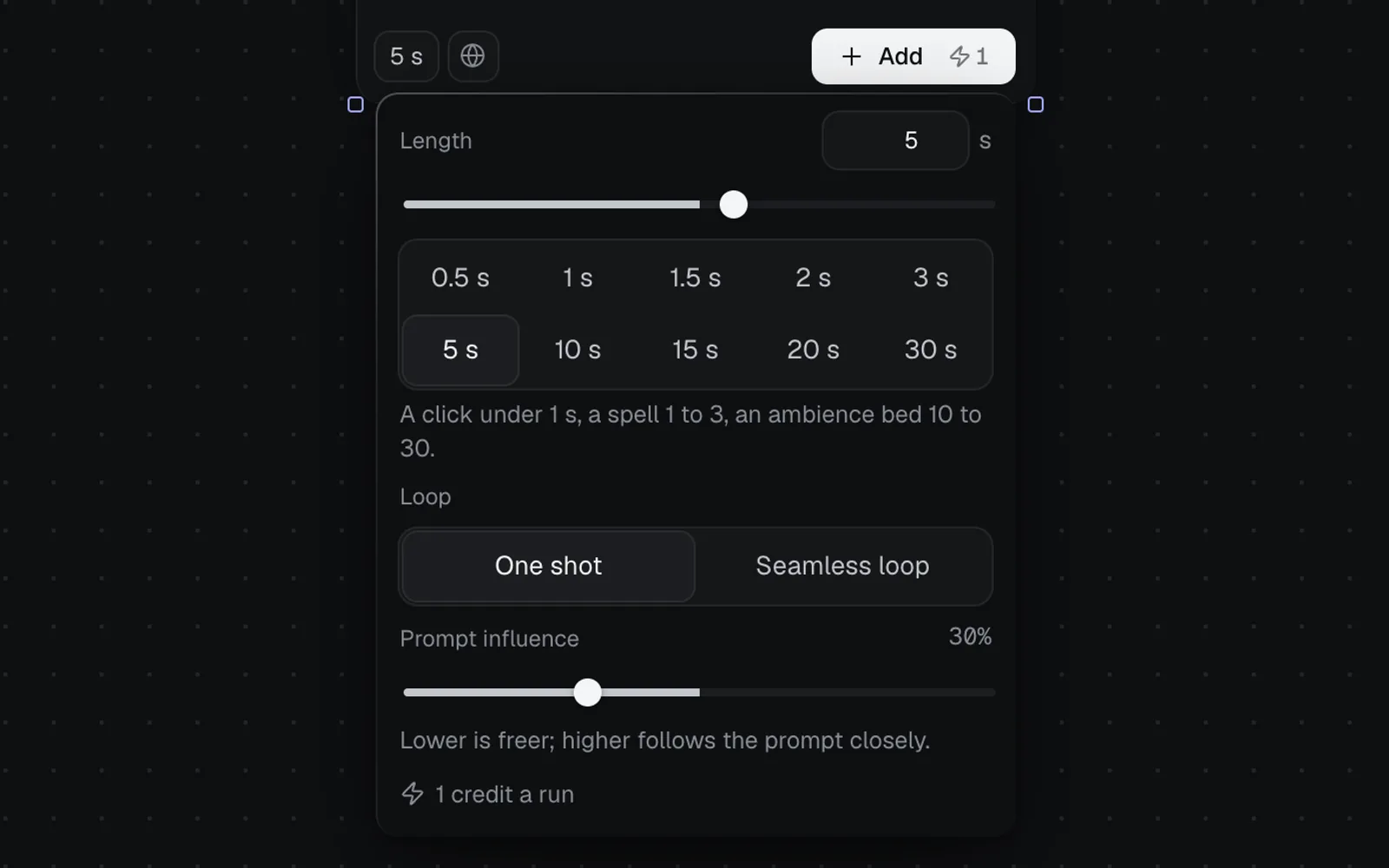 The length panel of a kettle sound effect node, opened from its 5 s chip: Length 5 with presets from 0.5 s to 30 s, One shot or Seamless loop, Prompt influence at 30%, and 1 credit a run
