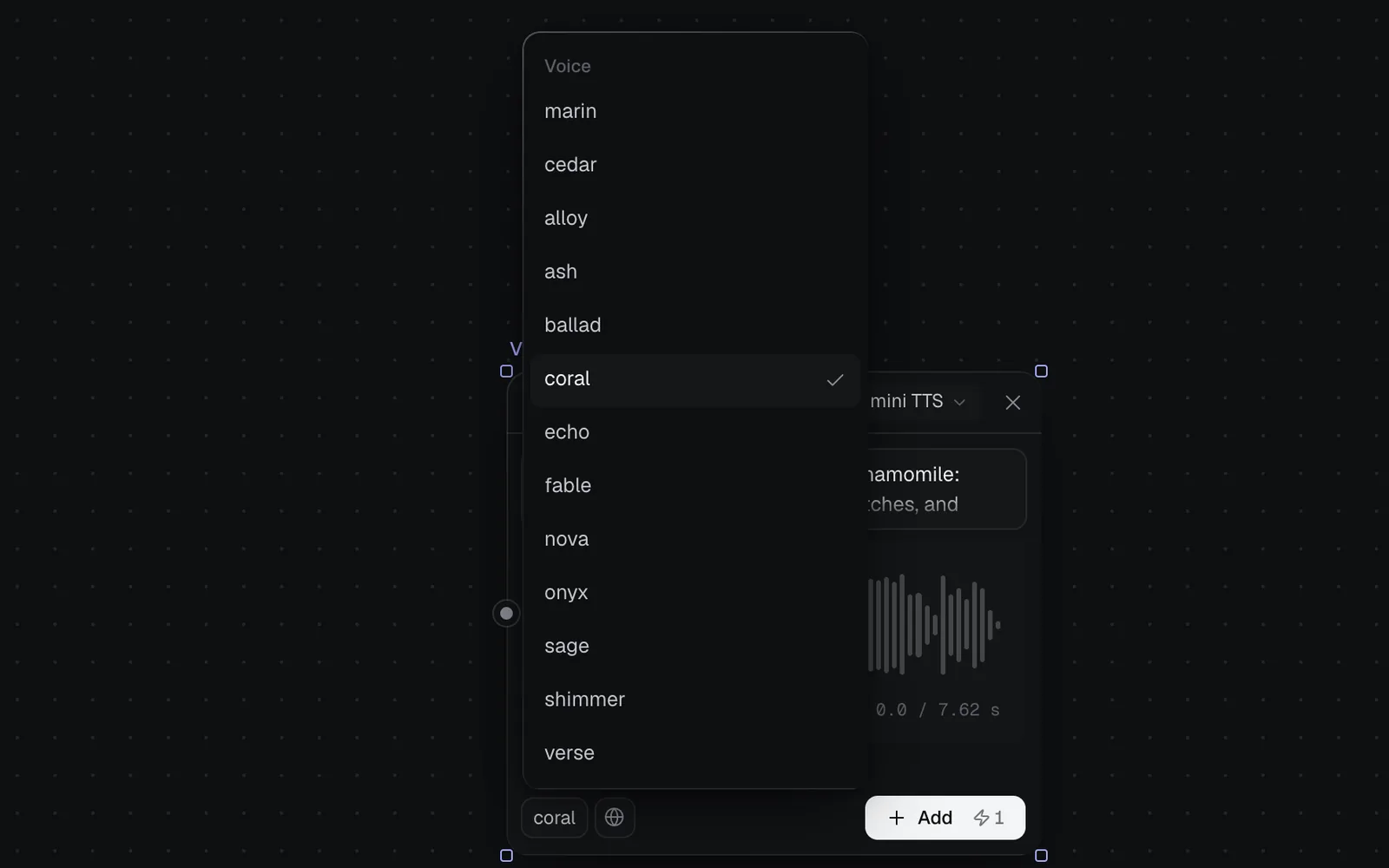 The Voice menu of a GPT-4o mini TTS voiceover node: marin, cedar, alloy, ash, ballad, coral (ticked), echo, fable, nova, onyx, sage, shimmer and verse