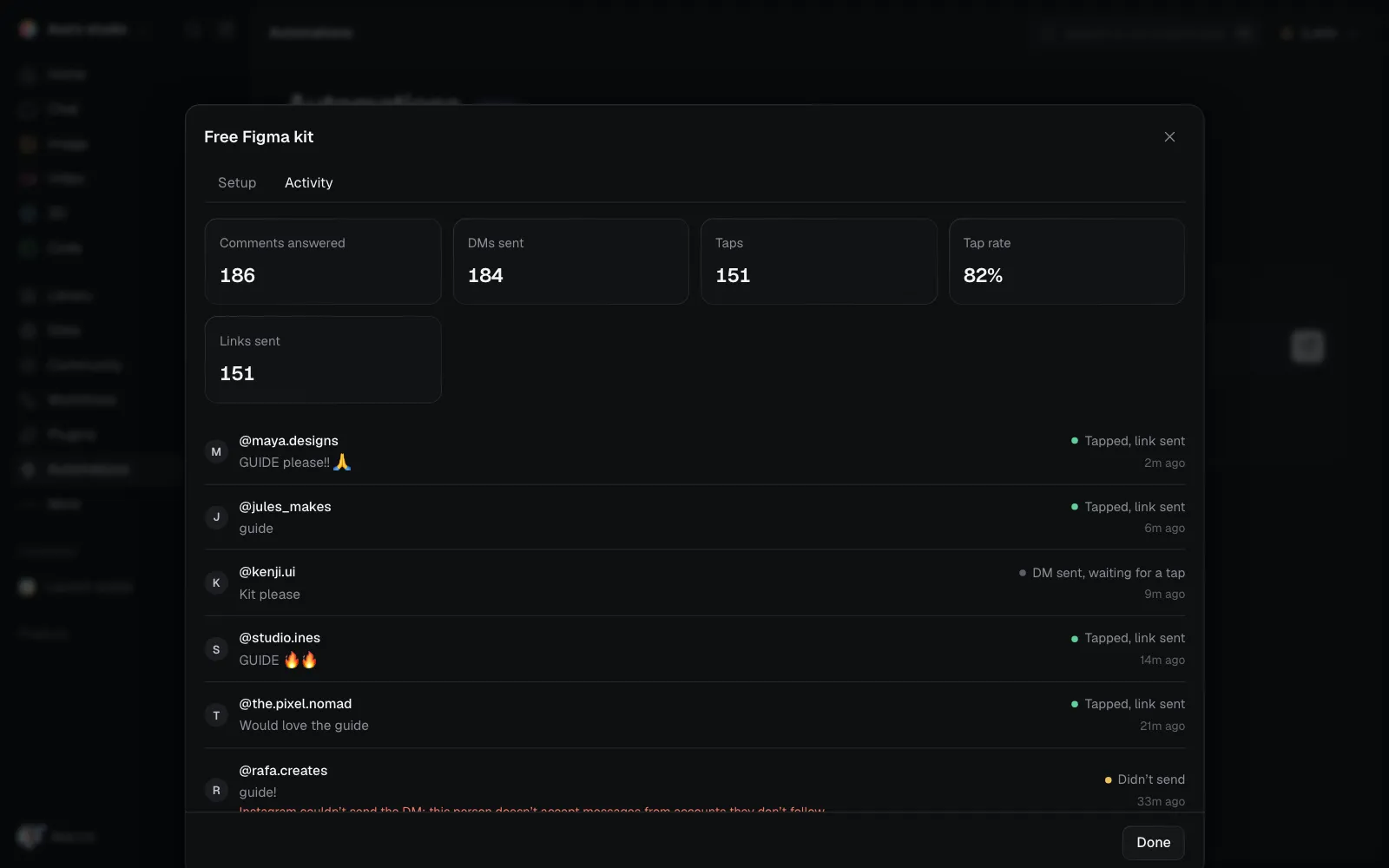Activity: each comment, its reply and DM, and whether the link went out