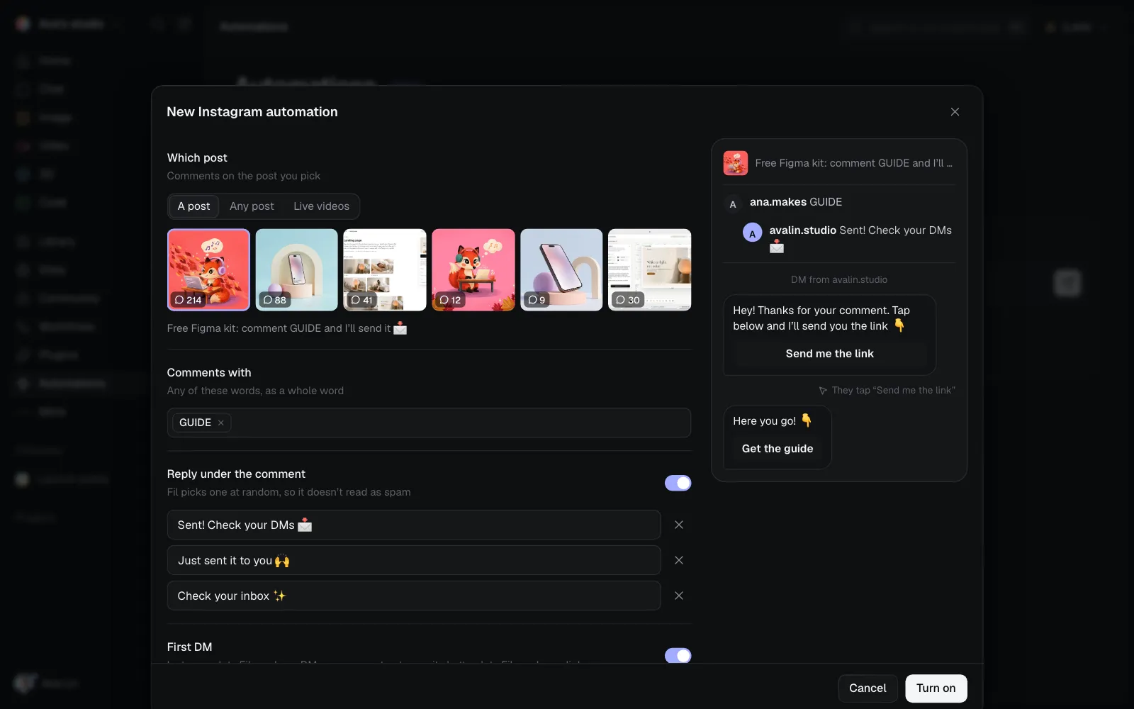 The editor: the post, the keyword, the reply, the first DM and the link's DM, with what they see beside it