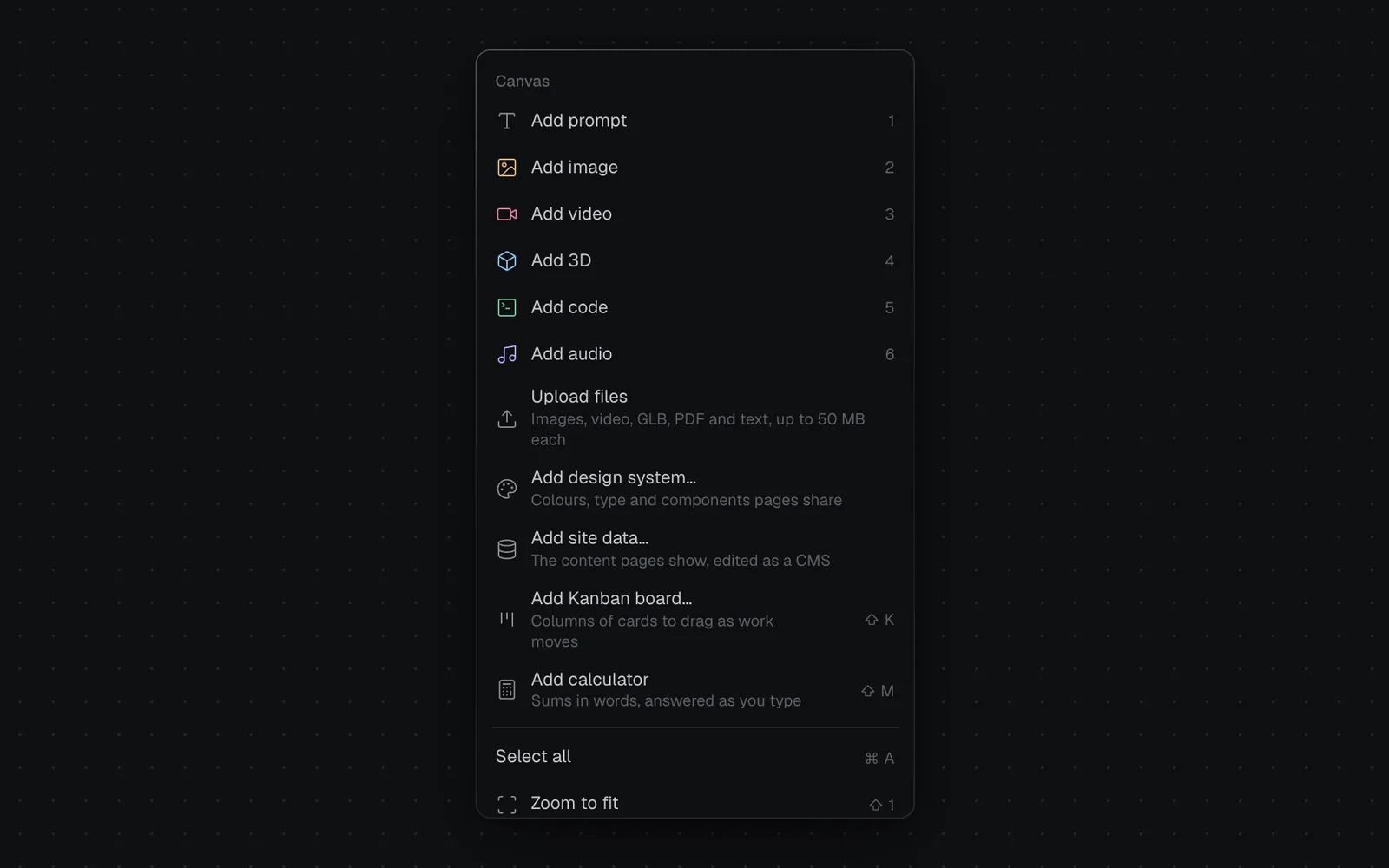 The canvas's right-click menu, with Add calculator: Sums in words, answered as you type, and its key, ⇧ M