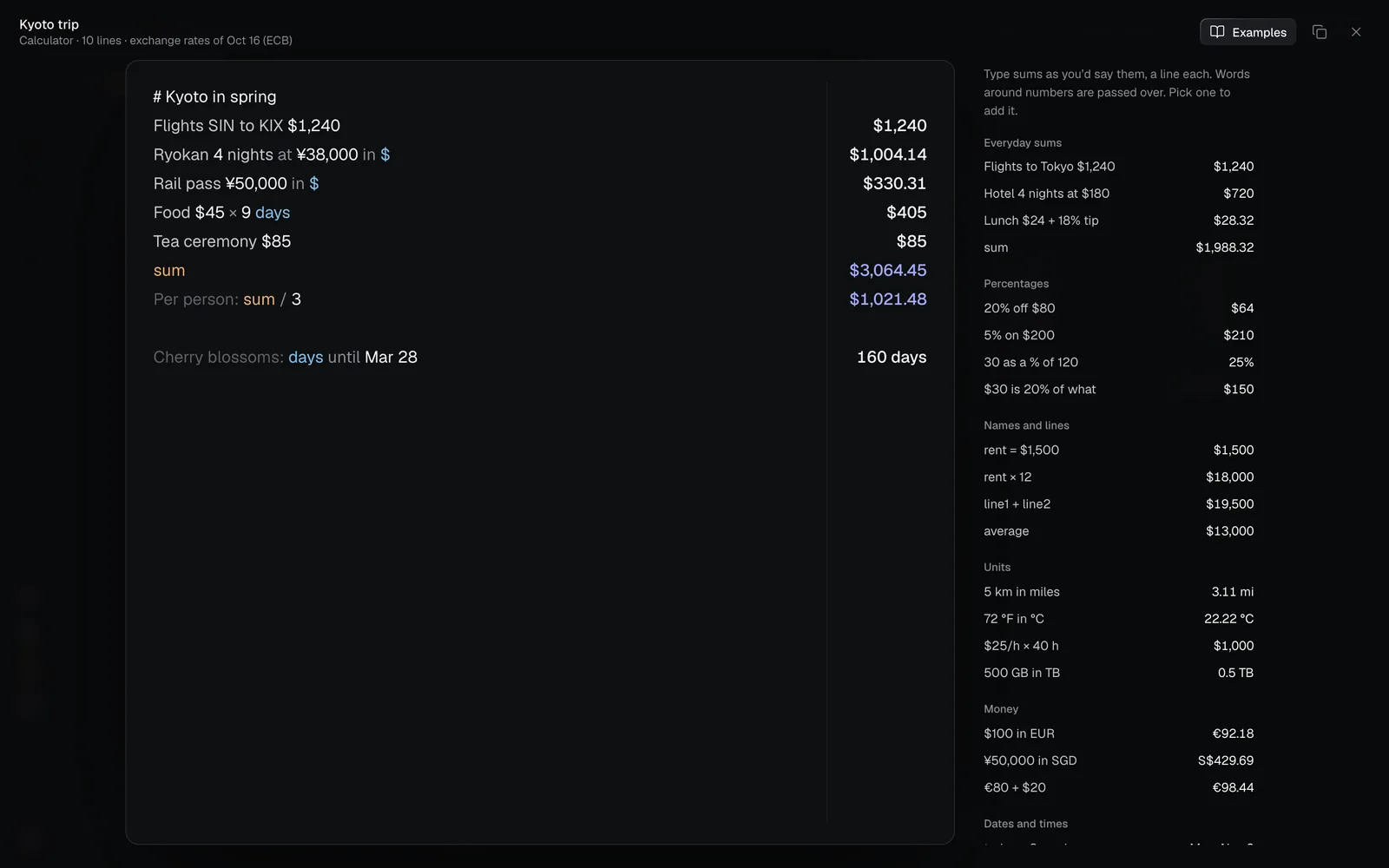 The Kyoto trip calculator full screen: its lines large on the left with their answers, and Examples on the right listing everyday sums, percentages, names and lines, units and money, each with its answer