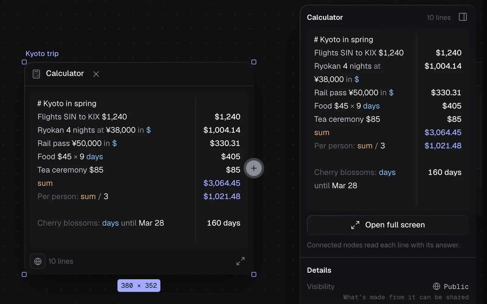 The inspector beside the Kyoto trip calculator: the Calculator section with the lines and their answers, Open full screen, and Connected nodes read each line with its answer