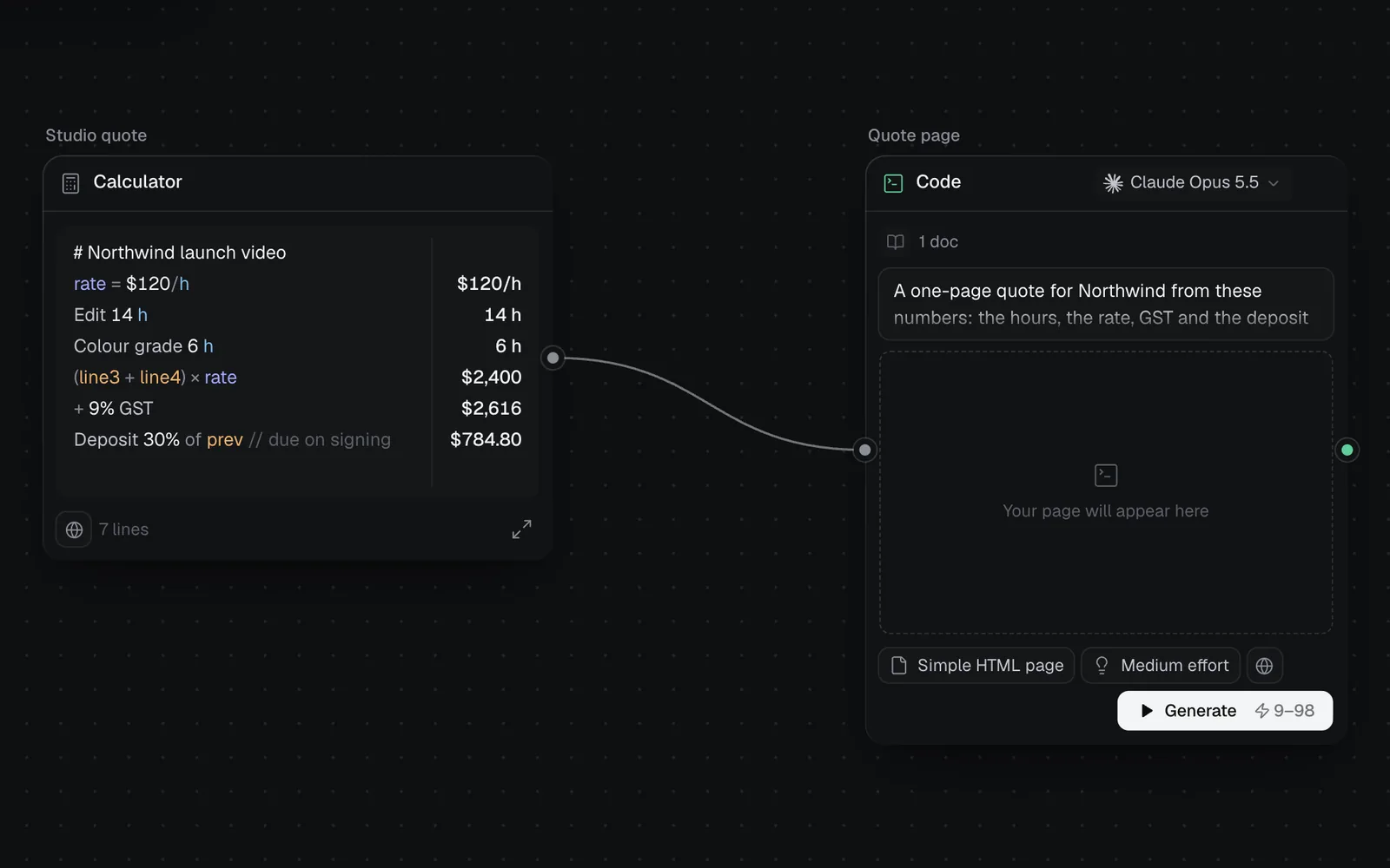 The Studio quote calculator wired into a Code node named Quote page, whose prompt asks for a one-page quote for Northwind from these numbers, with 1 doc in its inputs and Generate