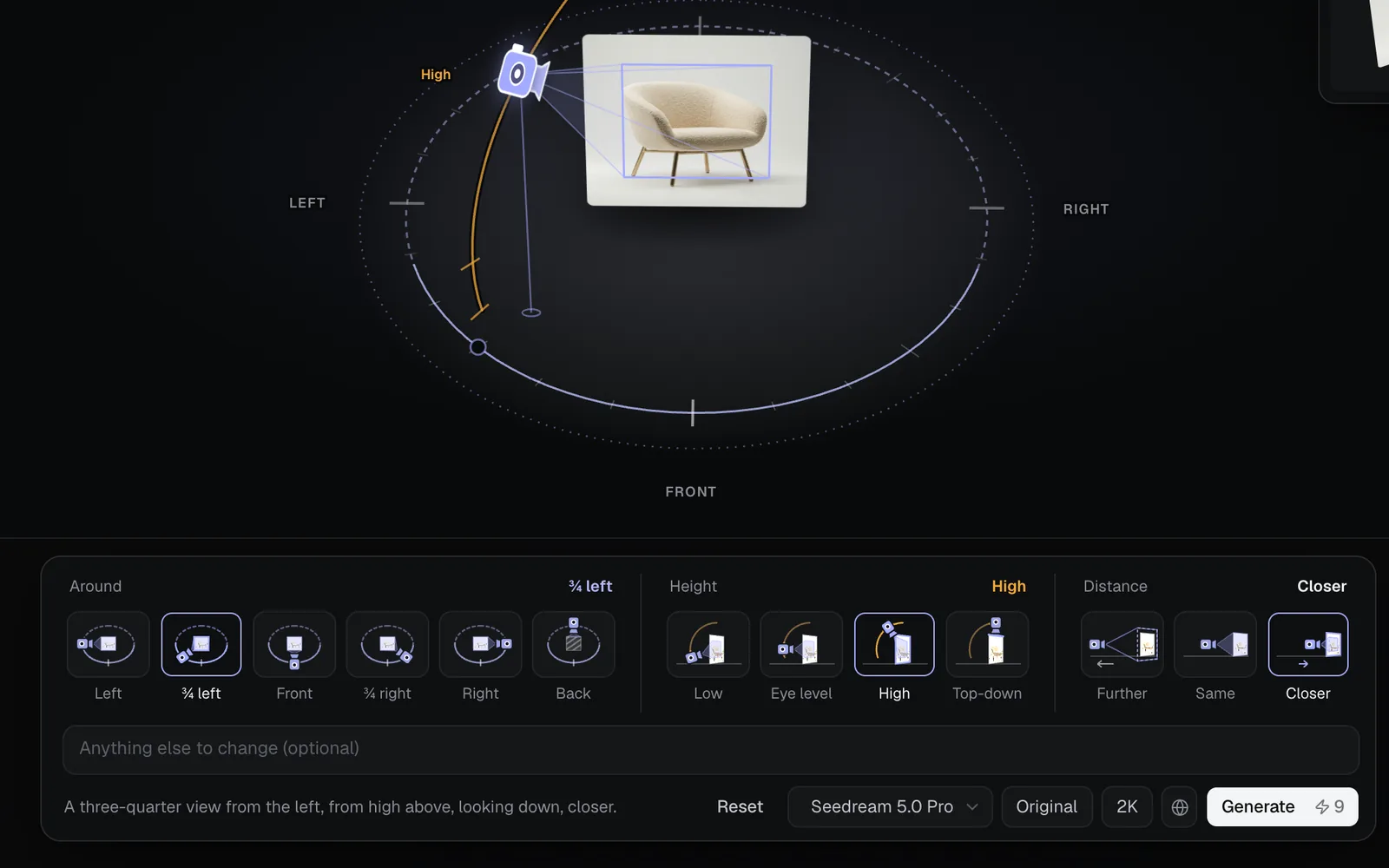 The panel under the stage: Around with Left, ¾ left, Front, ¾ right, Right and Back, Height with Low, Eye level, High and Top-down, Distance with Further, Same and Closer, the field for anything else to change, the shot in words, and Seedream 5.0 Pro, Original, 2K and Generate for 9 credits