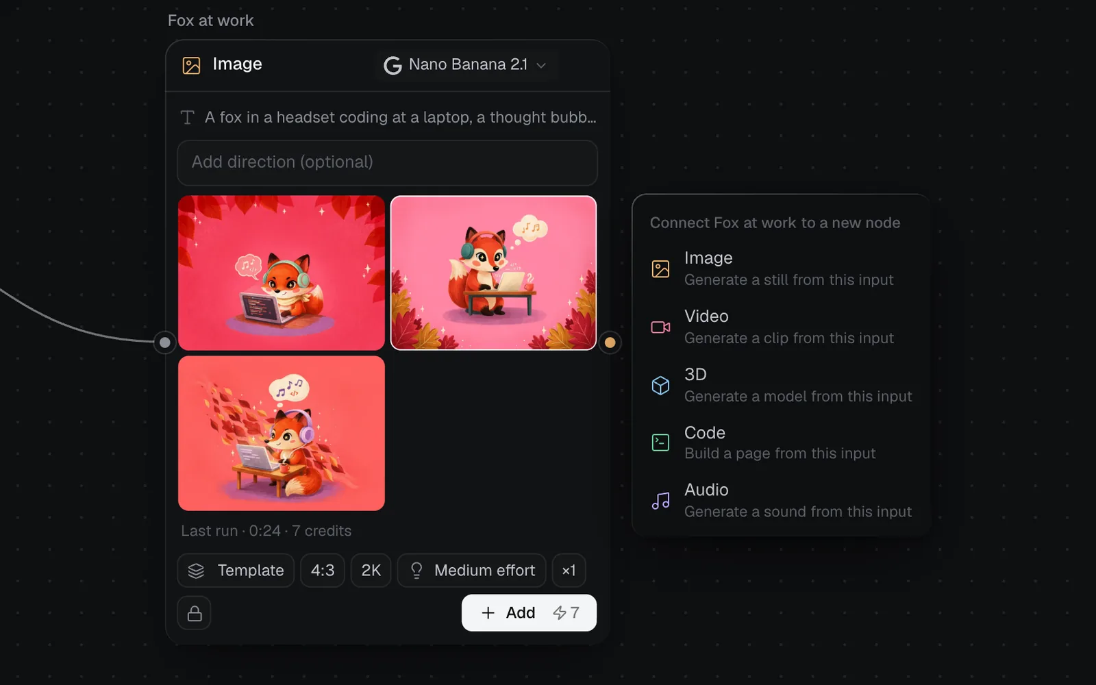 The Connect Fox at work to a new node menu beside an Image node, offering Image, Video, 3D, Code and Audio