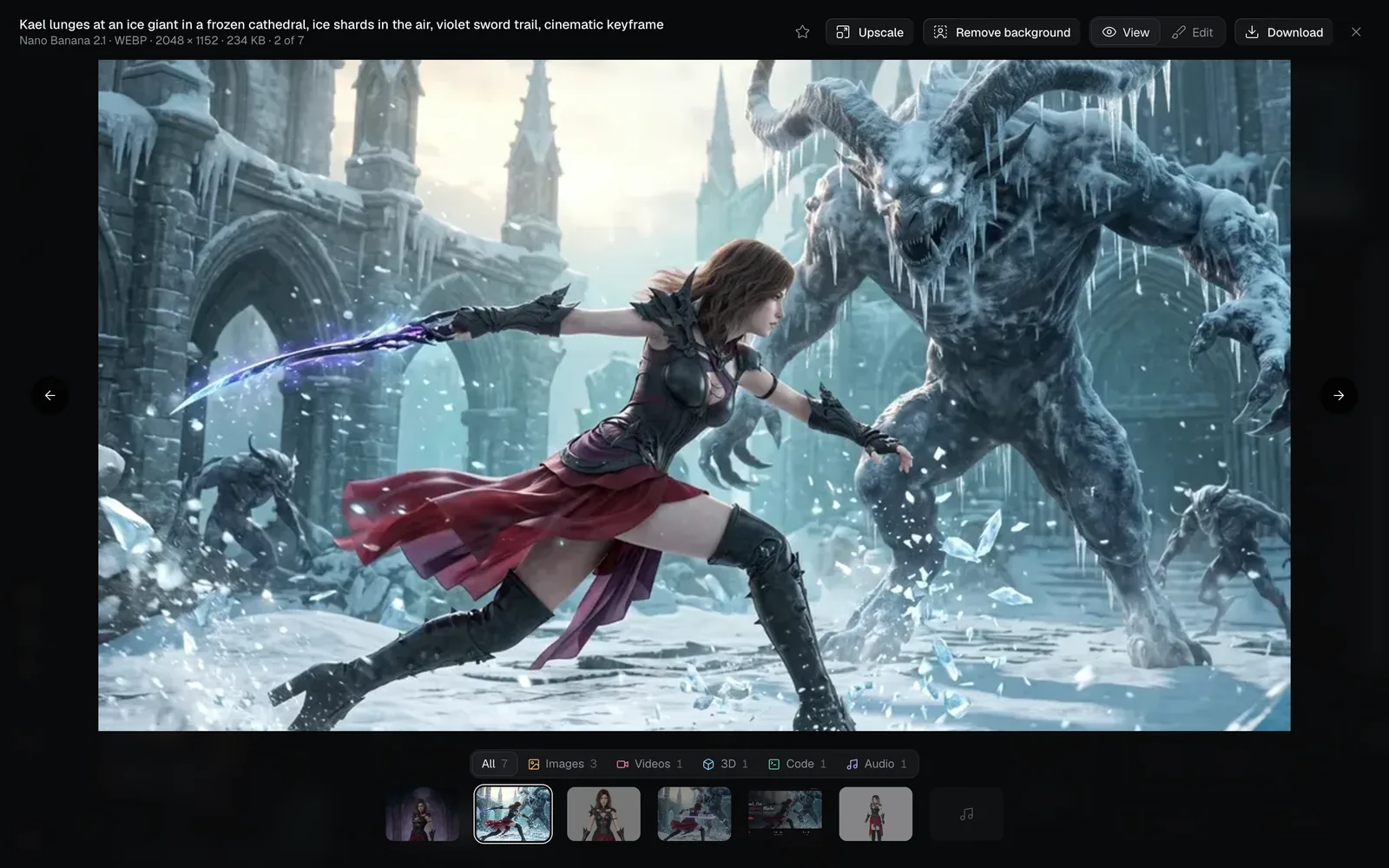 The full view of the key art, its prompt and tools at the top and a strip of every file on the canvas below