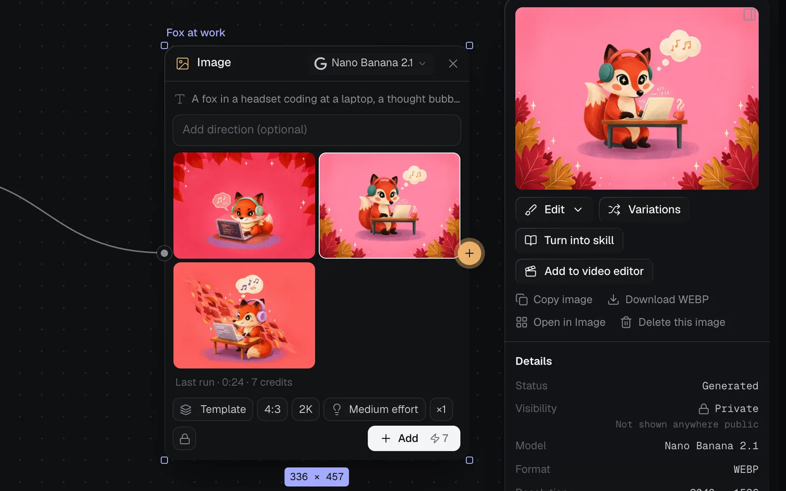 An Image node with three takes of a fox at a laptop, the second picked and shown in the panel beside it