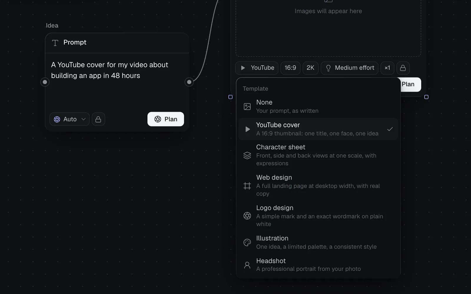 An Image node's Template menu open, with None, YouTube cover (ticked), Character sheet, Web design, Logo design, Illustration and Headshot