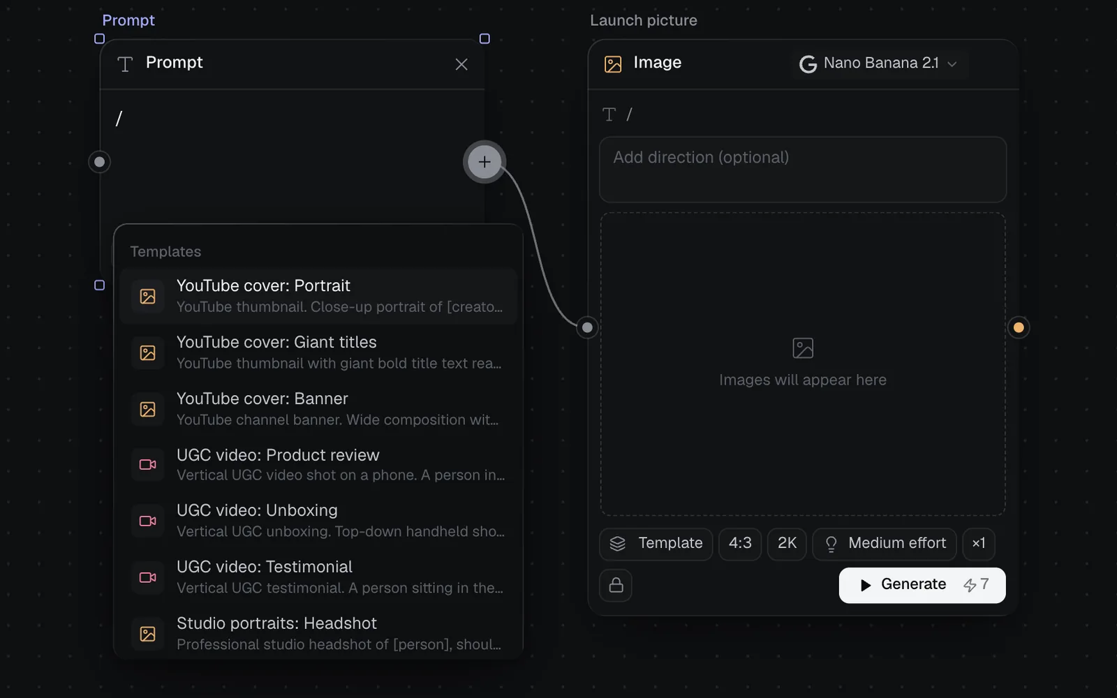 A Prompt with / typed and the menu listing templates as Group: Template, beside the Image node it feeds
