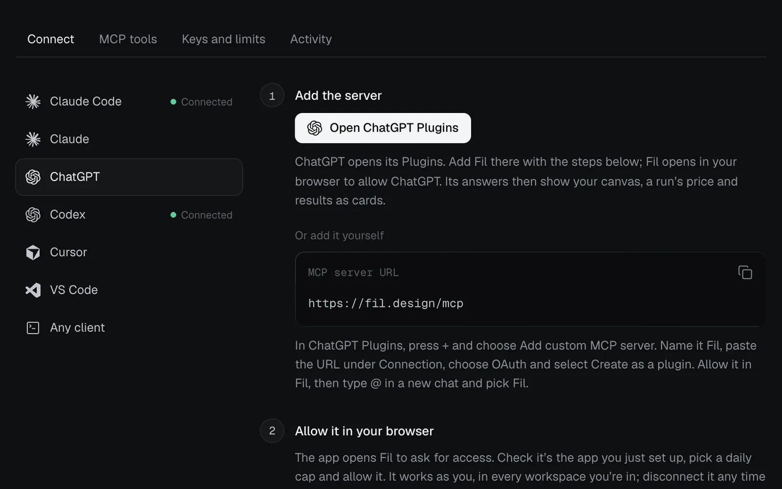 Agents › Connect with ChatGPT picked: Open ChatGPT Plugins, the MCP server URL with a copy button, and the steps to add Fil as a custom MCP server
