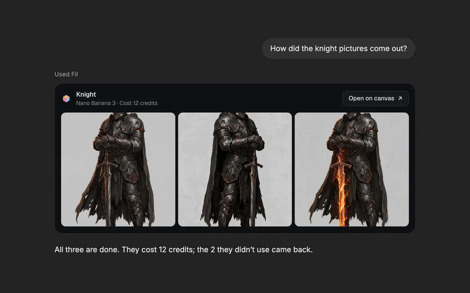 A Results card for Knight: three knight pictures made with Nano Banana 3, costing 12 credits, and Open on canvas