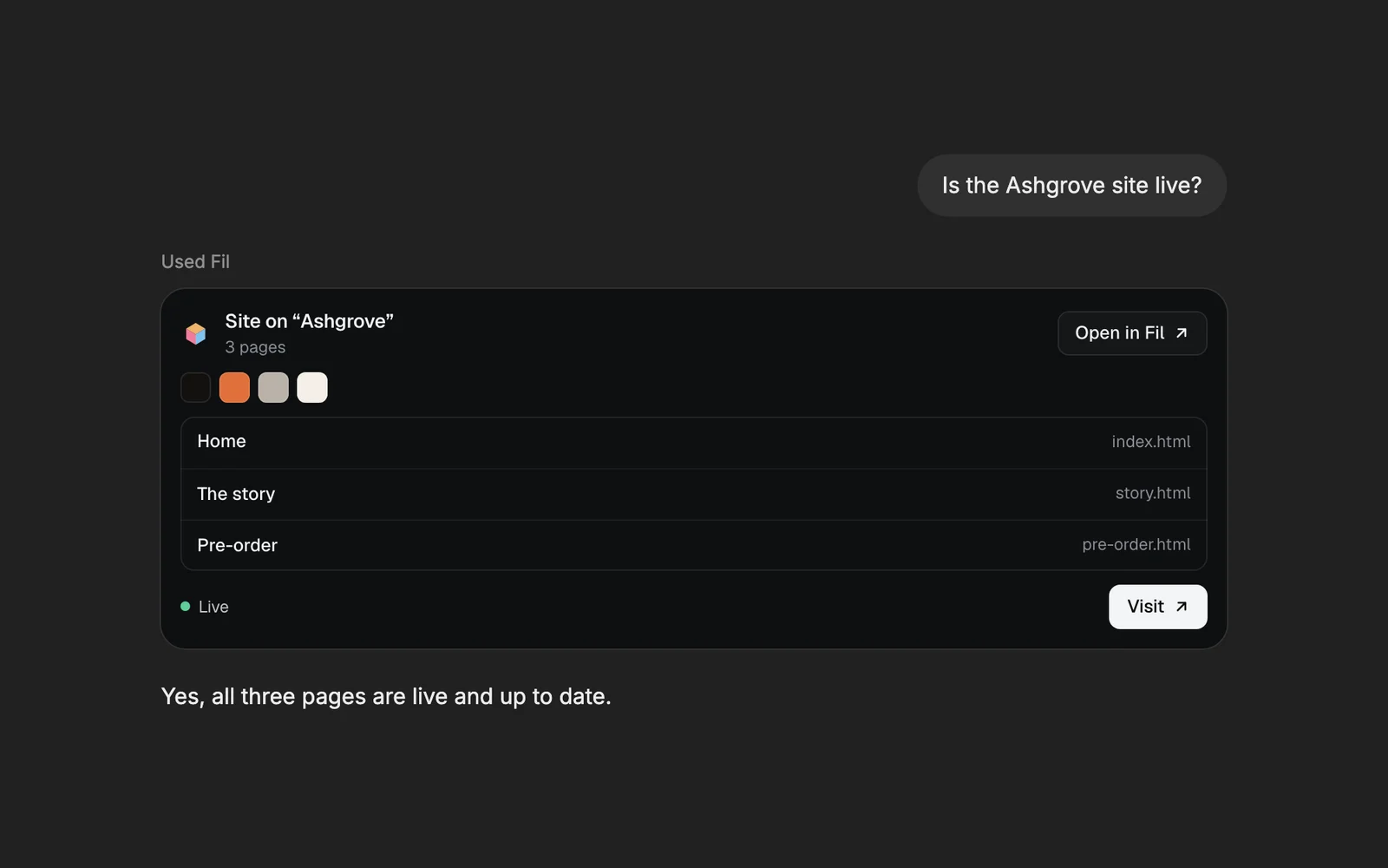 A Site card for a site on Ashgrove: its colours, three pages with their addresses, Live, and Visit