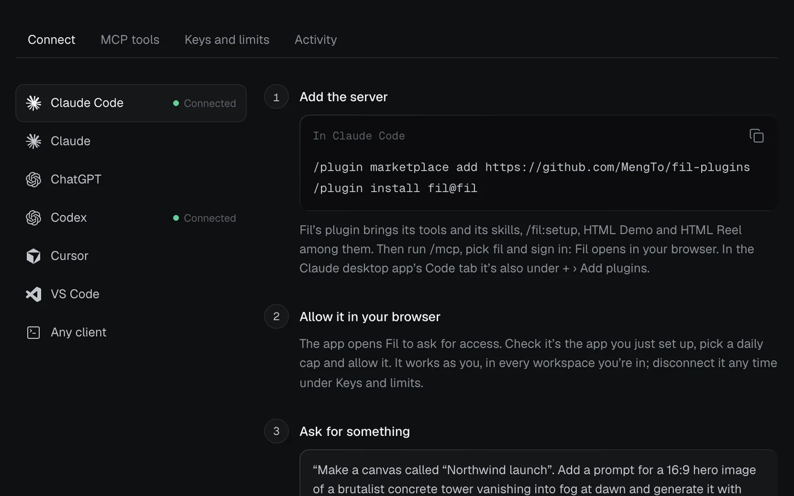 Agents › Connect with Claude Code picked: the two plugin commands to type in Claude Code, then Allow it in your browser and Ask for something
