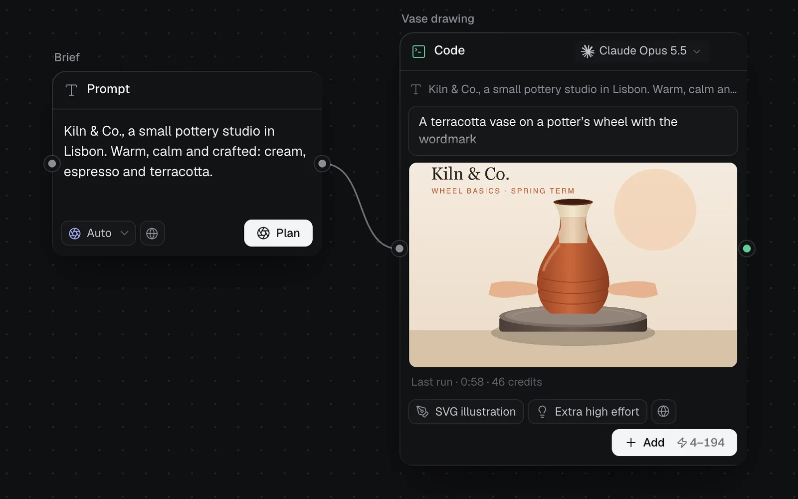 A canvas where a brief for Kiln & Co. feeds a Code node on Claude Opus 5.5 set to SVG illustration and Extra high effort, showing its drawing of a terracotta vase on a potter's wheel, Add at 4–194 credits