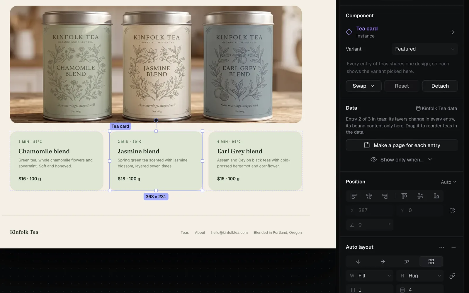 A tea card instance selected on Home, set to its Featured variant: the inspector's Component section shows Tea card, Instance, a Variant menu reading Featured, the note that every entry of teas shares one design, and Swap, Reset and Detach