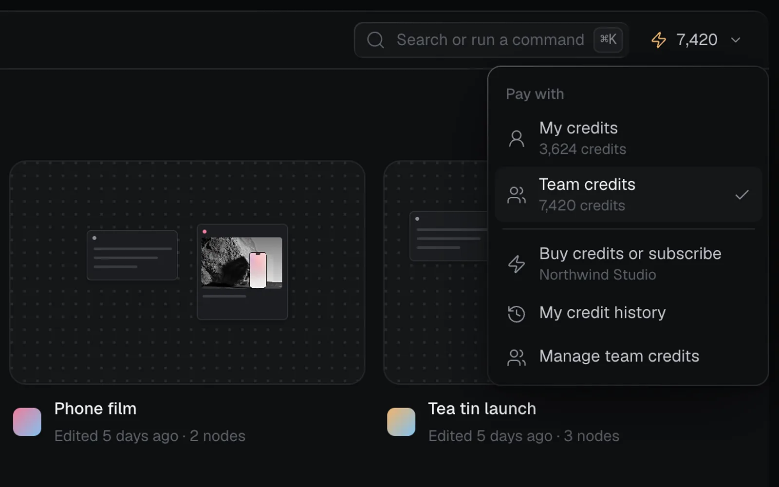 The credits menu in a team: Pay with, My credits 3,624, Team credits 7,420 ticked, Buy credits or subscribe, My credit history, Manage team credits