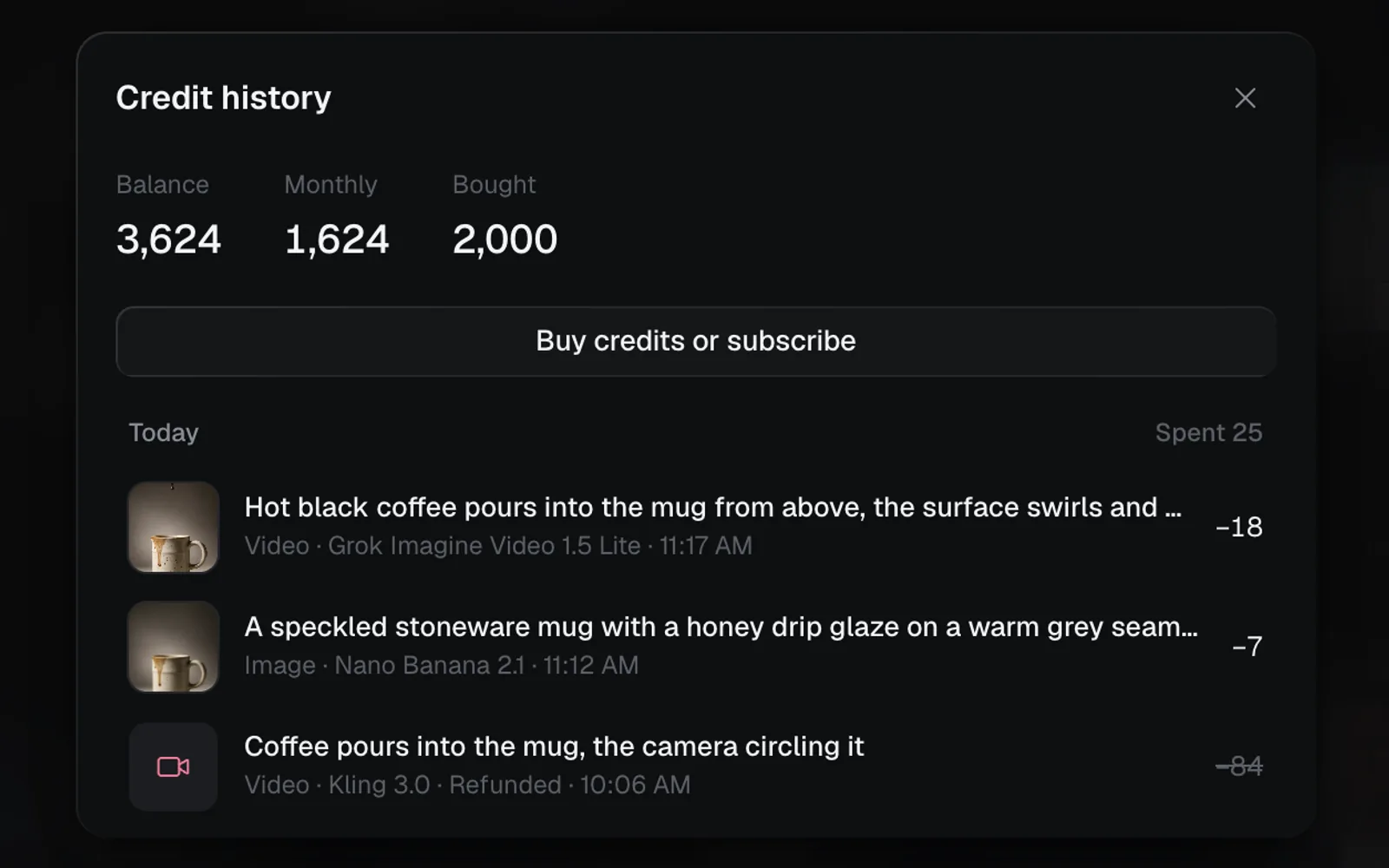 Credit history: Balance 3,624, Monthly 1,624 and Bought 2,000, then today's runs: a clip for 18, a picture for 7 and a refunded Kling 3.0 clip