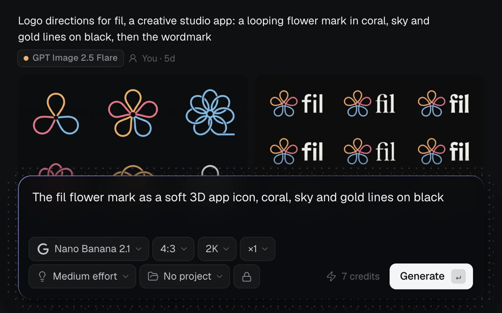 The prompt box under an earlier run: a prompt typed, Nano Banana 2.1, 4:3, 2K and ×1 picked, and 7 credits beside Generate
