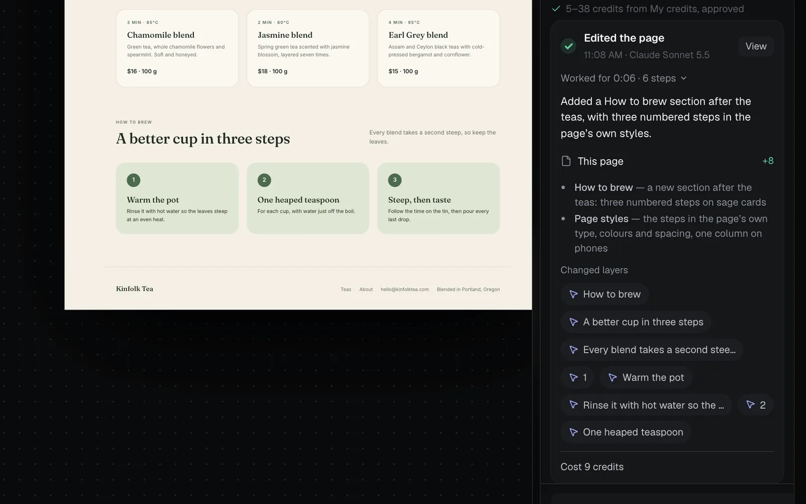 The finished edit in the thread: Edited the page with Claude Sonnet 5.5, worked for 0:06 in 6 steps, its summary, its notes on How to brew and Page styles, the changed layers, and Cost 9 credits; beside it, the new How to brew section on the page