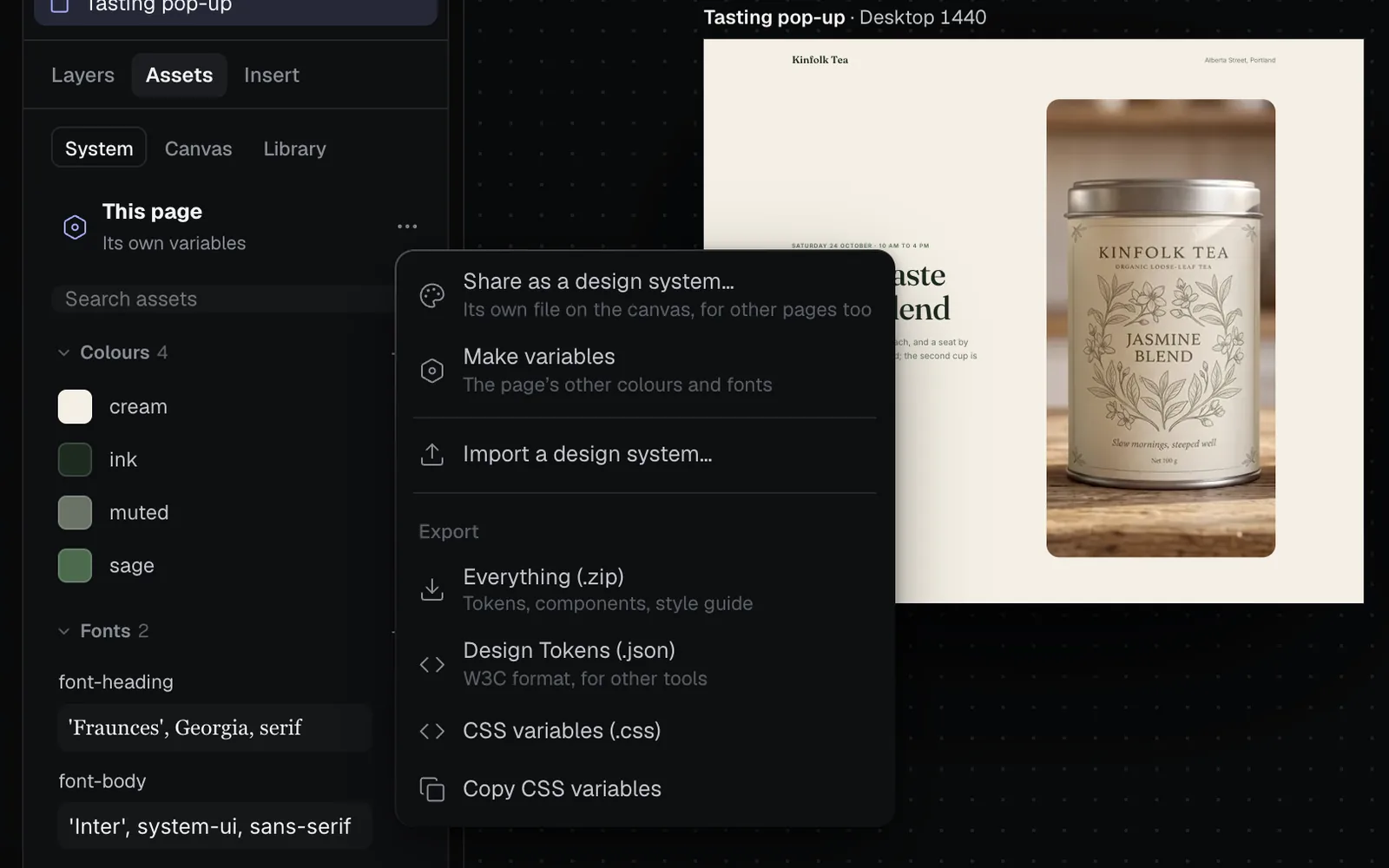 A Simple HTML page with its own variables in Assets (cream, ink, muted, sage and two fonts) and the menu open: Share as a design system…, Make variables, Import a design system…, and Export as Everything (.zip), Design Tokens (.json), CSS variables (.css) or Copy CSS variables