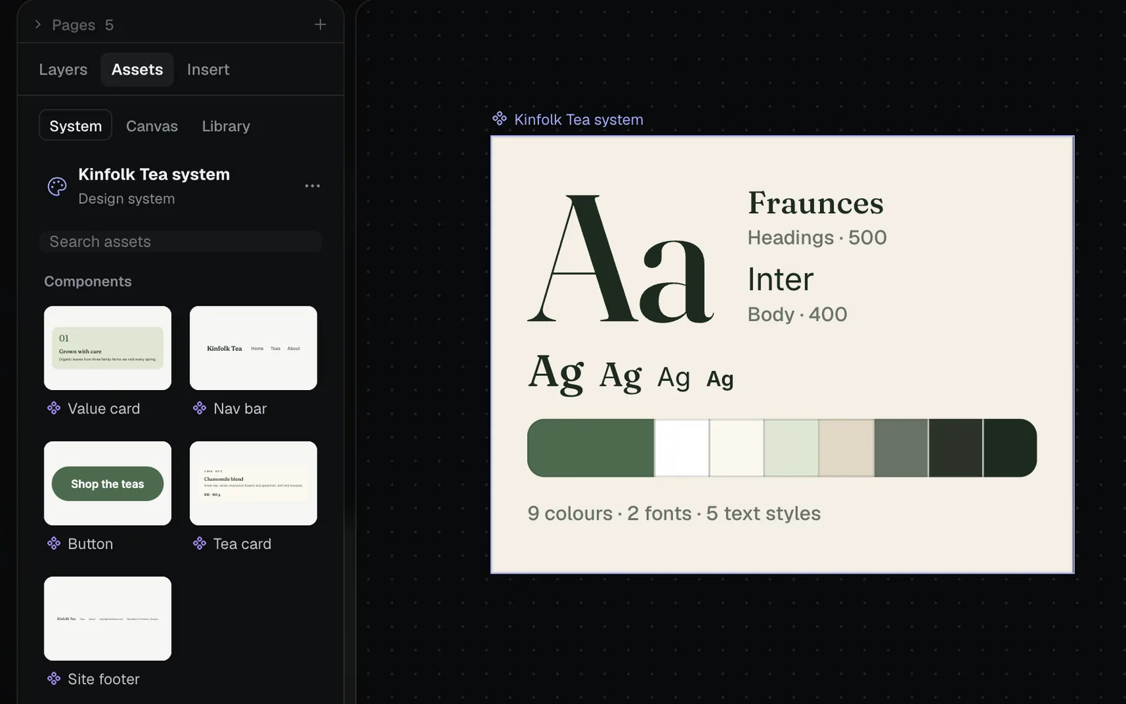 The Assets tab showing Kinfolk Tea system, with its Value card, Nav bar, Button, Tea card and Site footer components, beside the system's card on the stage: Fraunces for headings, Inter for body, its type sizes and colours