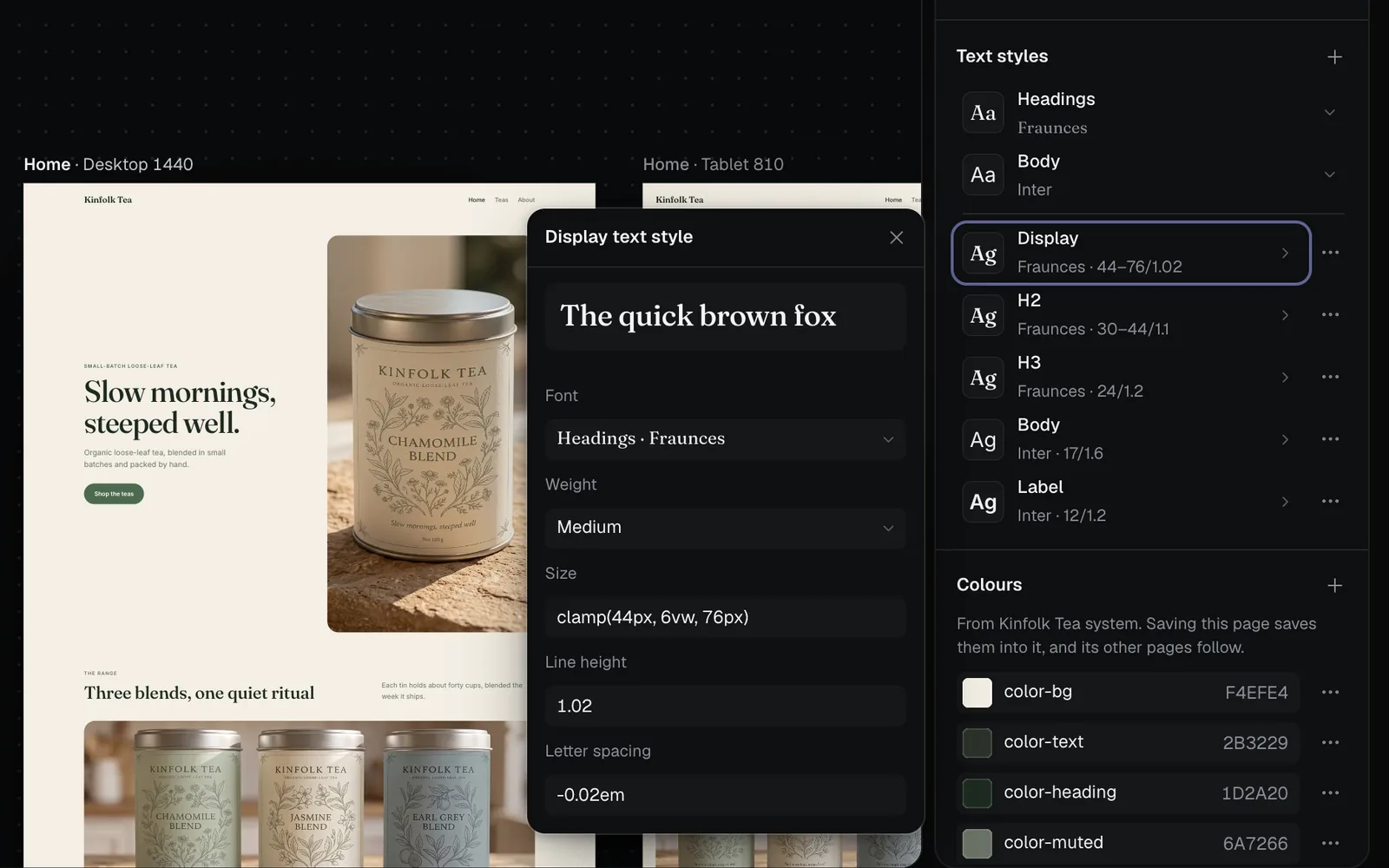 The Display text style open beside the Text styles list: a sample reading The quick brown fox, Font Headings · Fraunces, Weight Medium, Size clamp(44px, 6vw, 76px), Line height 1.02, Letter spacing -0.02em