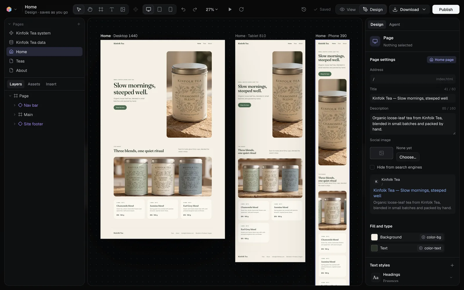 The Design tab on the Kinfolk Tea home page: Pages and Layers on the left, the Home, Teas and About pages as frames on the stage, the Page inspector on the right