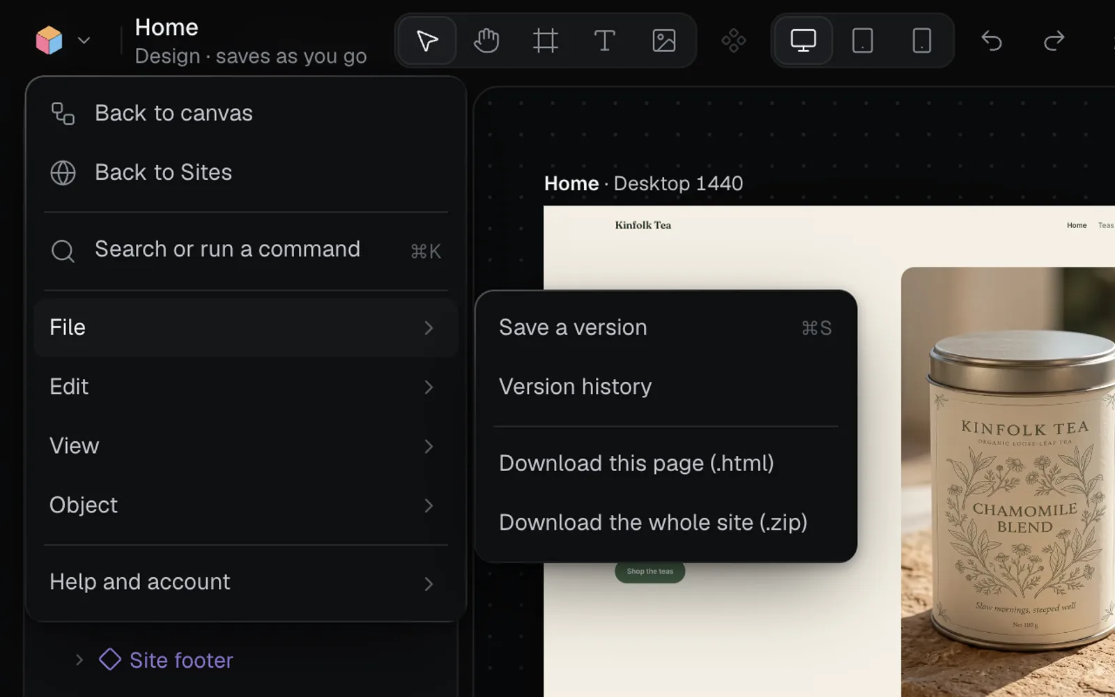 The Fil menu in Design: Back to canvas, Back to Sites, Search or run a command, and File open with Save a version, Version history, Download this page (.html) and Download the whole site (.zip)