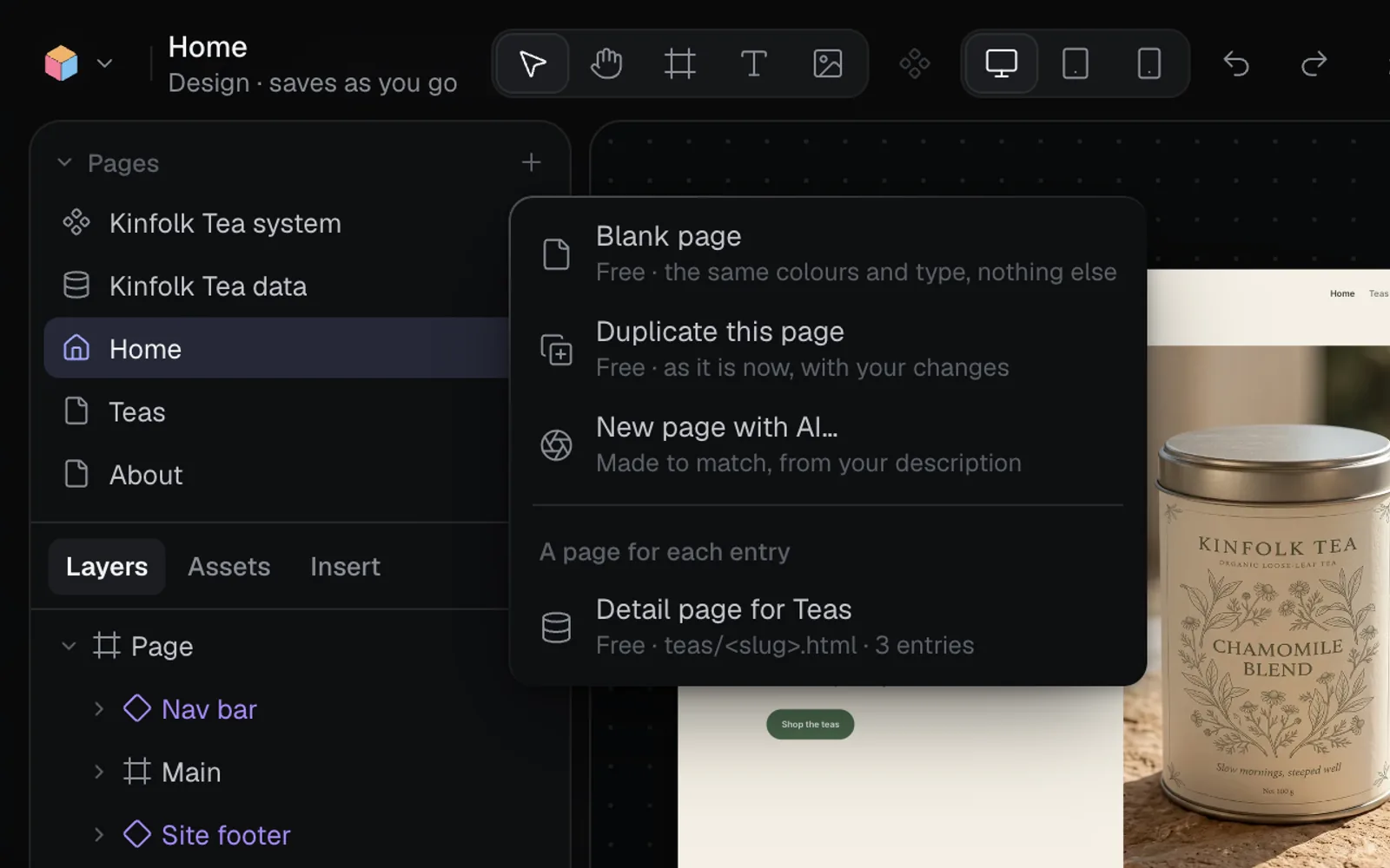 The Pages list with Kinfolk Tea system, Kinfolk Tea data, Home, Teas and About, and the + menu open: Blank page, Duplicate this page, New page with AI… and Detail page for Teas