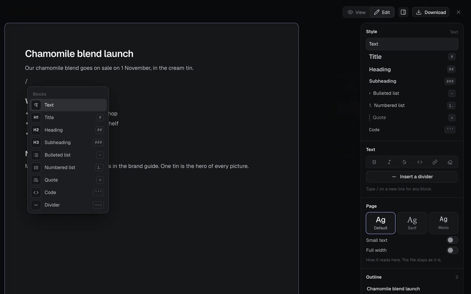The full-screen editor: Brief.md on Edit with the Blocks menu open under an empty line, listing Text, Title, Heading, Subheading, Bulleted list, Numbered list, Quote, Code and Divider, and the inspector beside it with Style, Text, Page and Outline