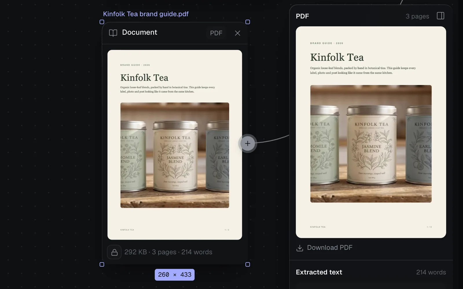 The Kinfolk Tea brand guide PDF node, selected, showing its cover page and 292 KB · 3 pages · 214 words, beside the panel with its PDF section (the first page, 3 pages, Download PDF) and the Extracted text heading