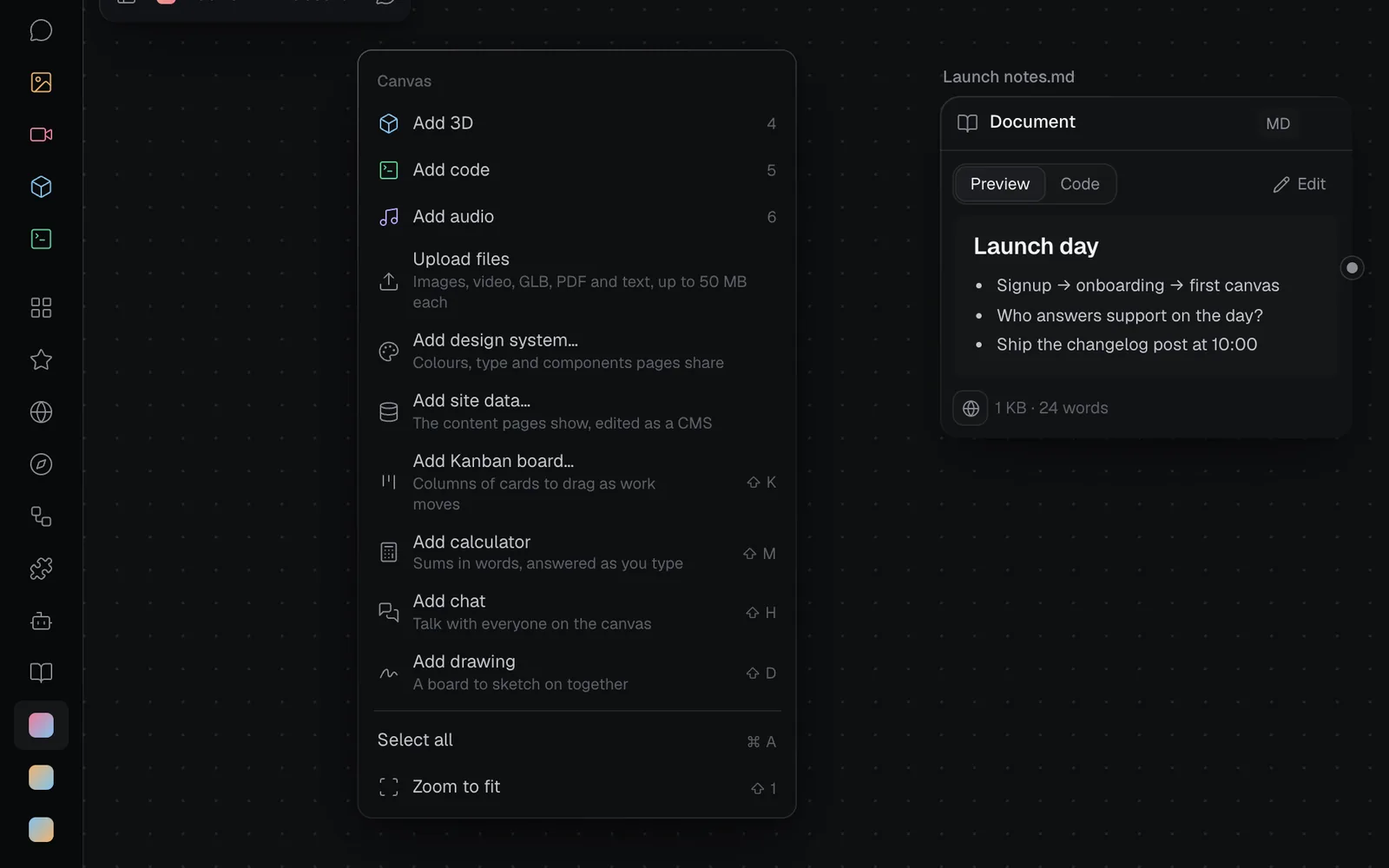 The canvas's right-click menu scrolled to its end, with Add drawing: A board to sketch on together, and its key, ⇧ D