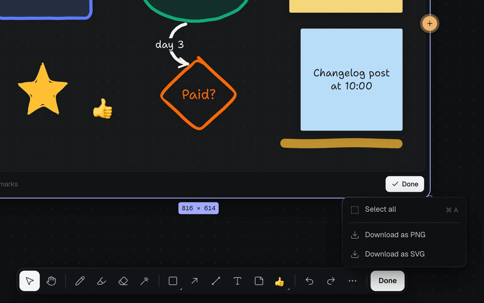 The More menu open above the drawing tools: Select all with ⌘ A, Download as PNG and Download as SVG