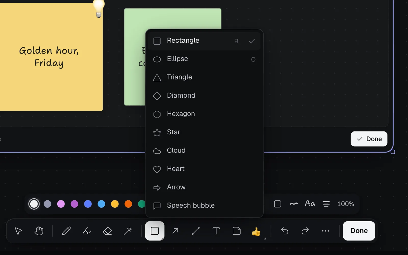 The shape tool's menu open above the drawing tools: Rectangle with its key R and a tick, Ellipse with O, Triangle, Diamond, Hexagon, Star, Cloud, Heart, Arrow and Speech bubble