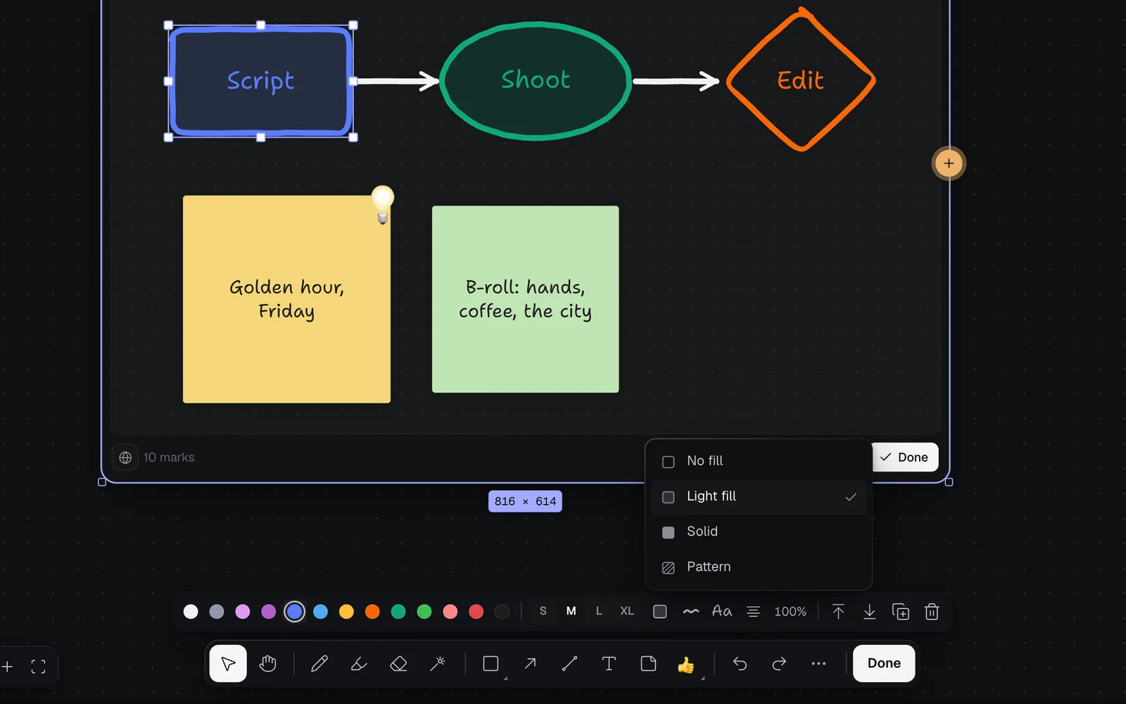 The Script rectangle picked on the Video plan drawing with handles round it, and the Fill menu open above the style strip with No fill, Light fill (ticked), Solid and Pattern; the strip ends with Bring to front, Send to back, Duplicate and Delete