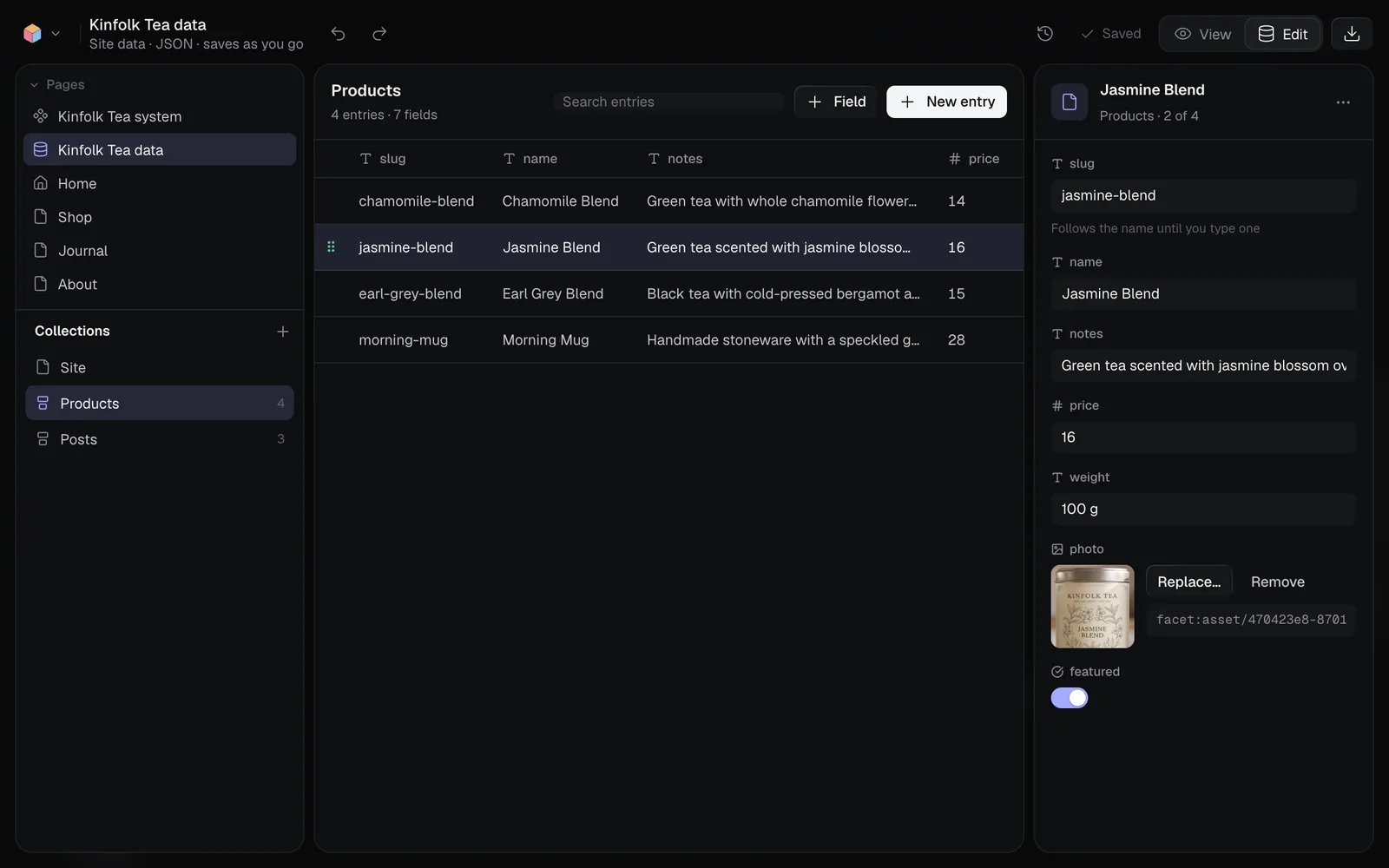 The data editor for Kinfolk Tea data: the site's pages and its Collections on the left, the Products table with slug, name, notes and price in the middle, and the Jasmine Blend entry's fields on the right, with its photo and a featured switch
