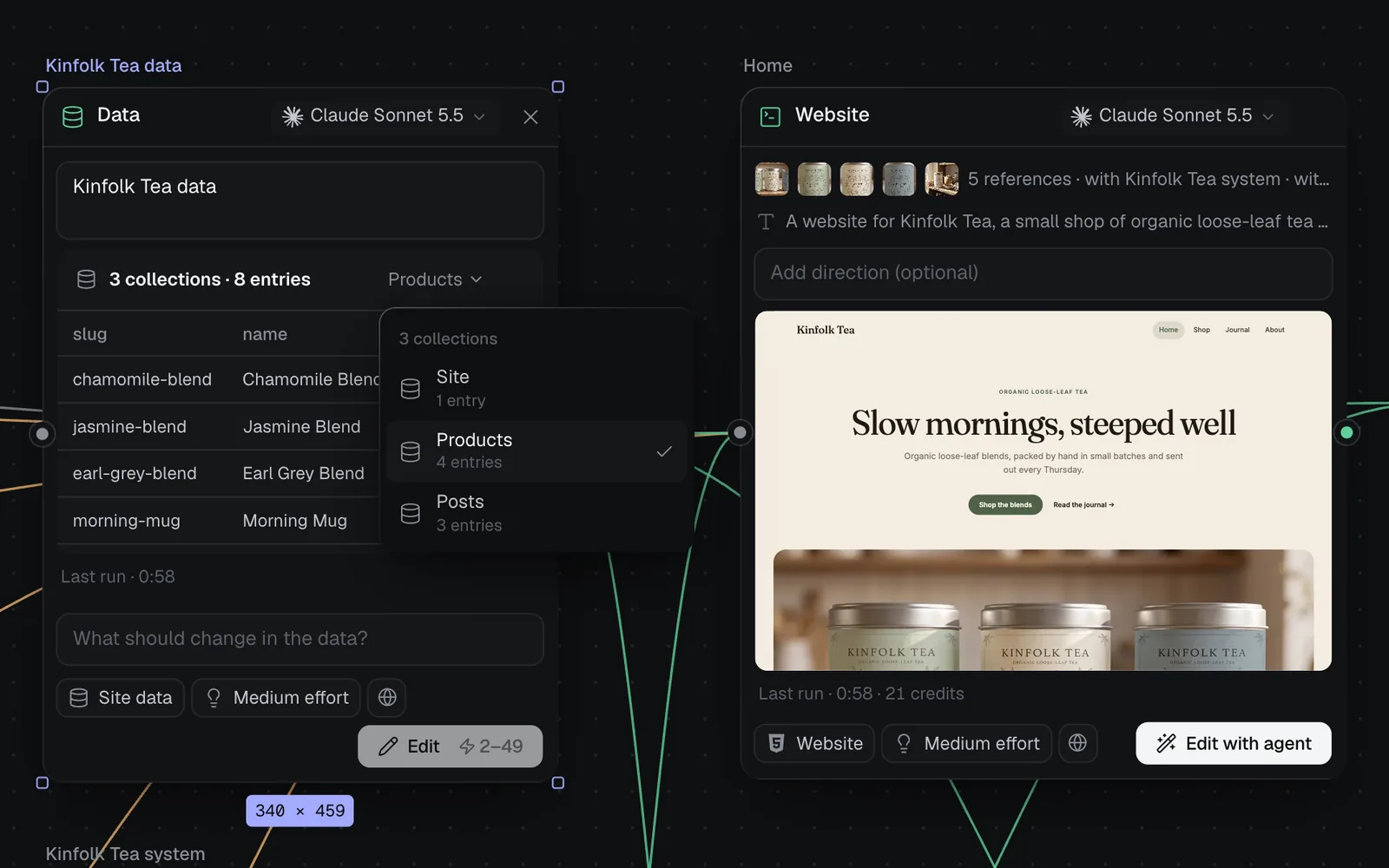 The Kinfolk Tea data node with its collection menu open, listing Site with 1 entry, Products with 4 entries and Posts with 3 entries, beside the home page it feeds