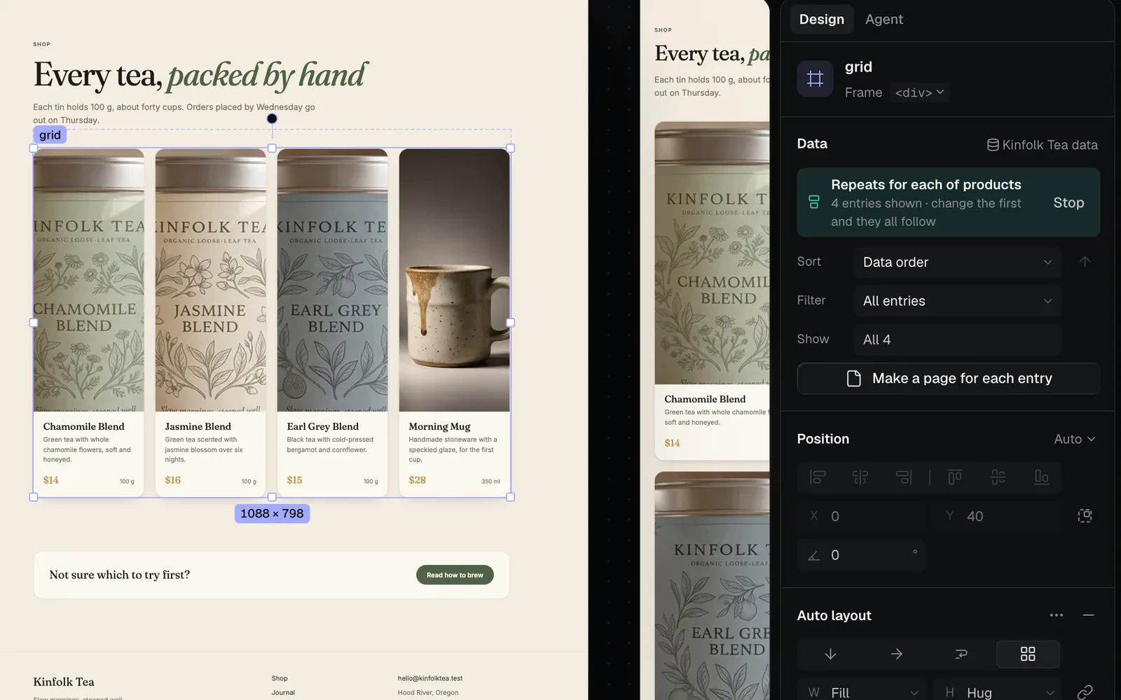 In the Design tab, the Shop page's grid of four product cards selected, and its Data section reading Repeats for each of products, 4 entries shown, with Sort, Filter, Show and Make a page for each entry