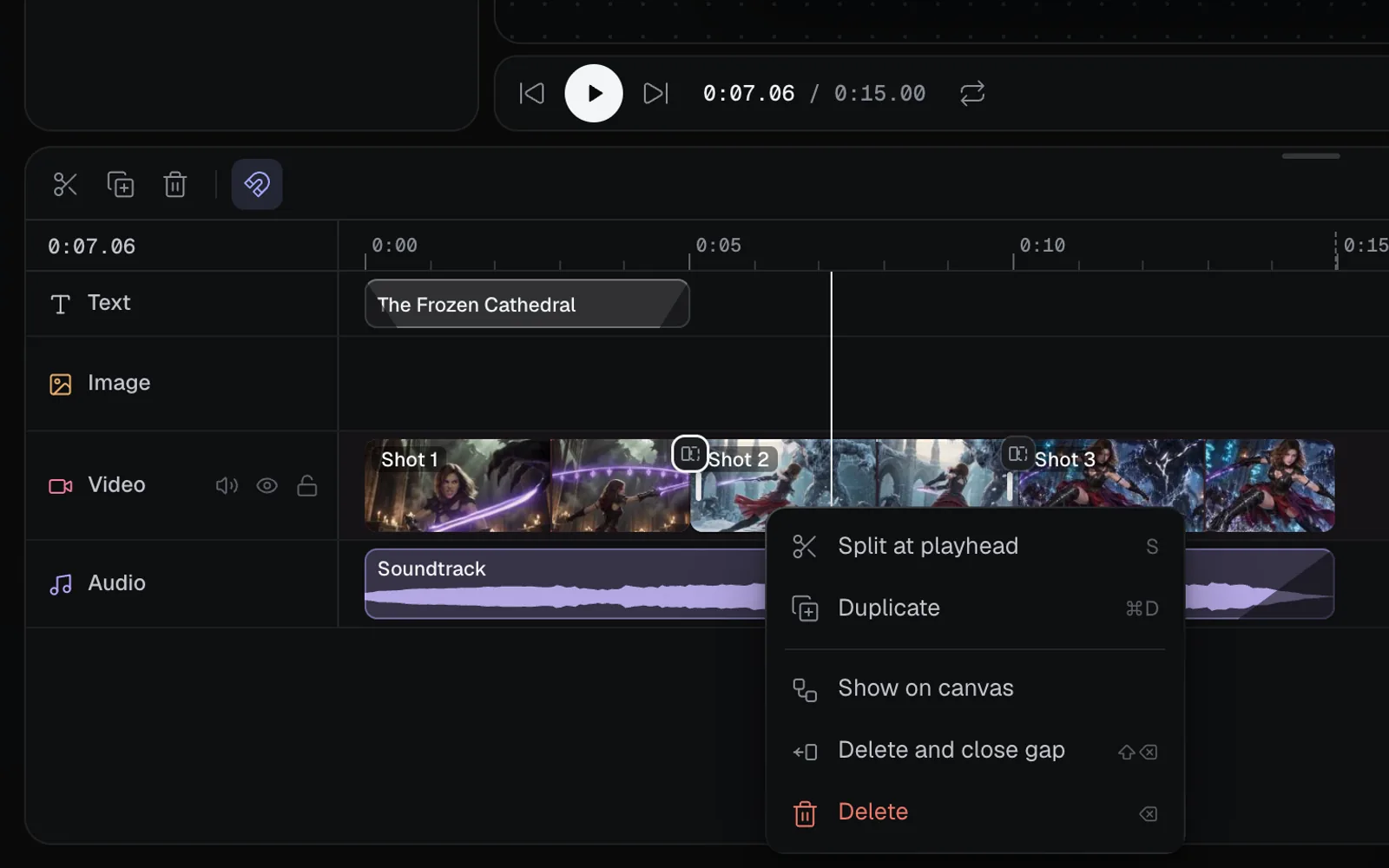Right-clicking Shot 2: Split at playhead S, Duplicate ⌘D, Show on canvas, Delete and close gap ⇧⌫ and Delete ⌫