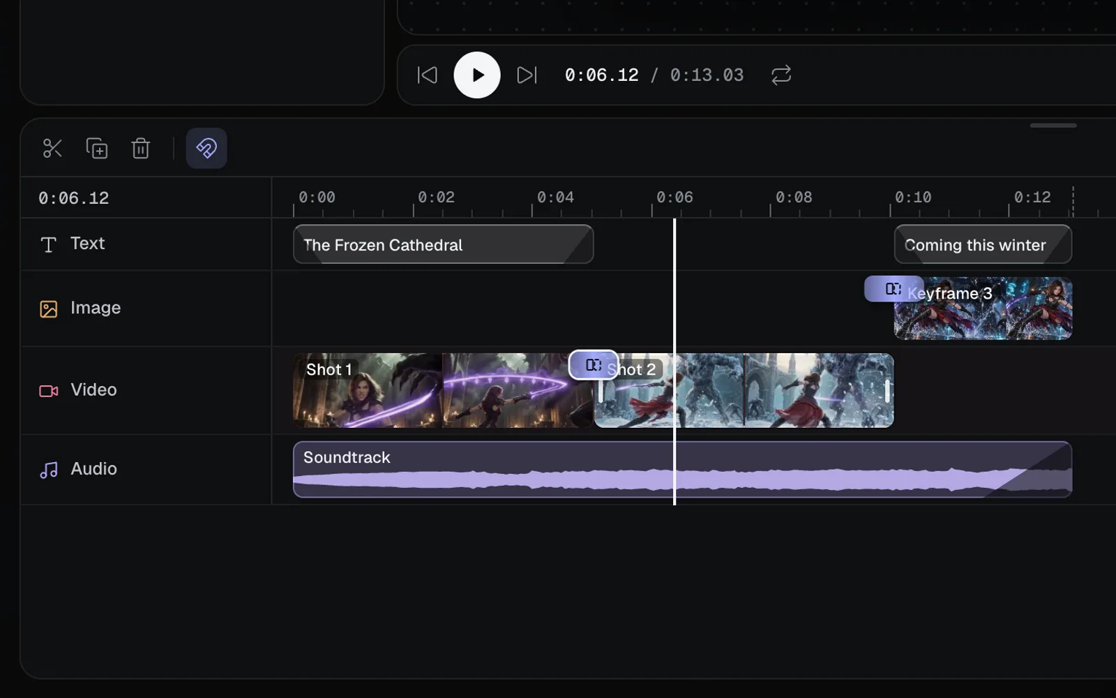 The timeline: Split, Duplicate, Delete and Snapping at the top left, the playhead at 0:06.12, Text, Image, Video and Audio lanes with the trailer's title, Keyframe 3, Shot 1 and Shot 2 and the Soundtrack, Shot 2 selected with its grips, and transitions on the cuts