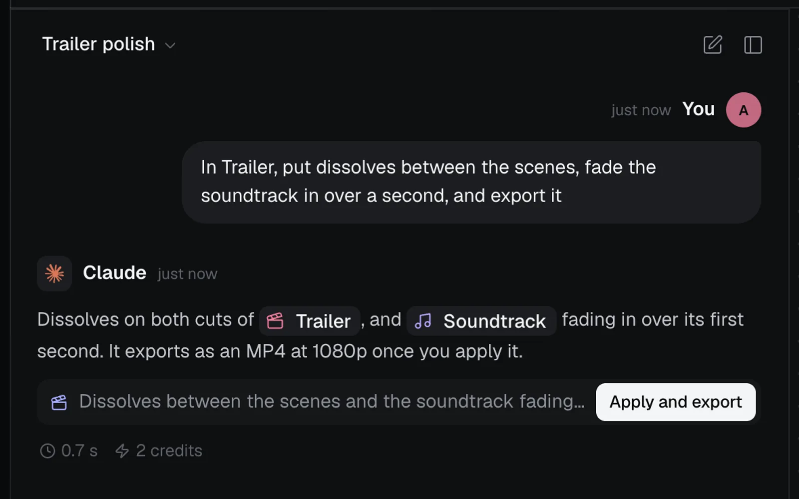 A chat asking for dissolves, a fade-in and an export in Trailer, and Claude’s reply with Apply and export