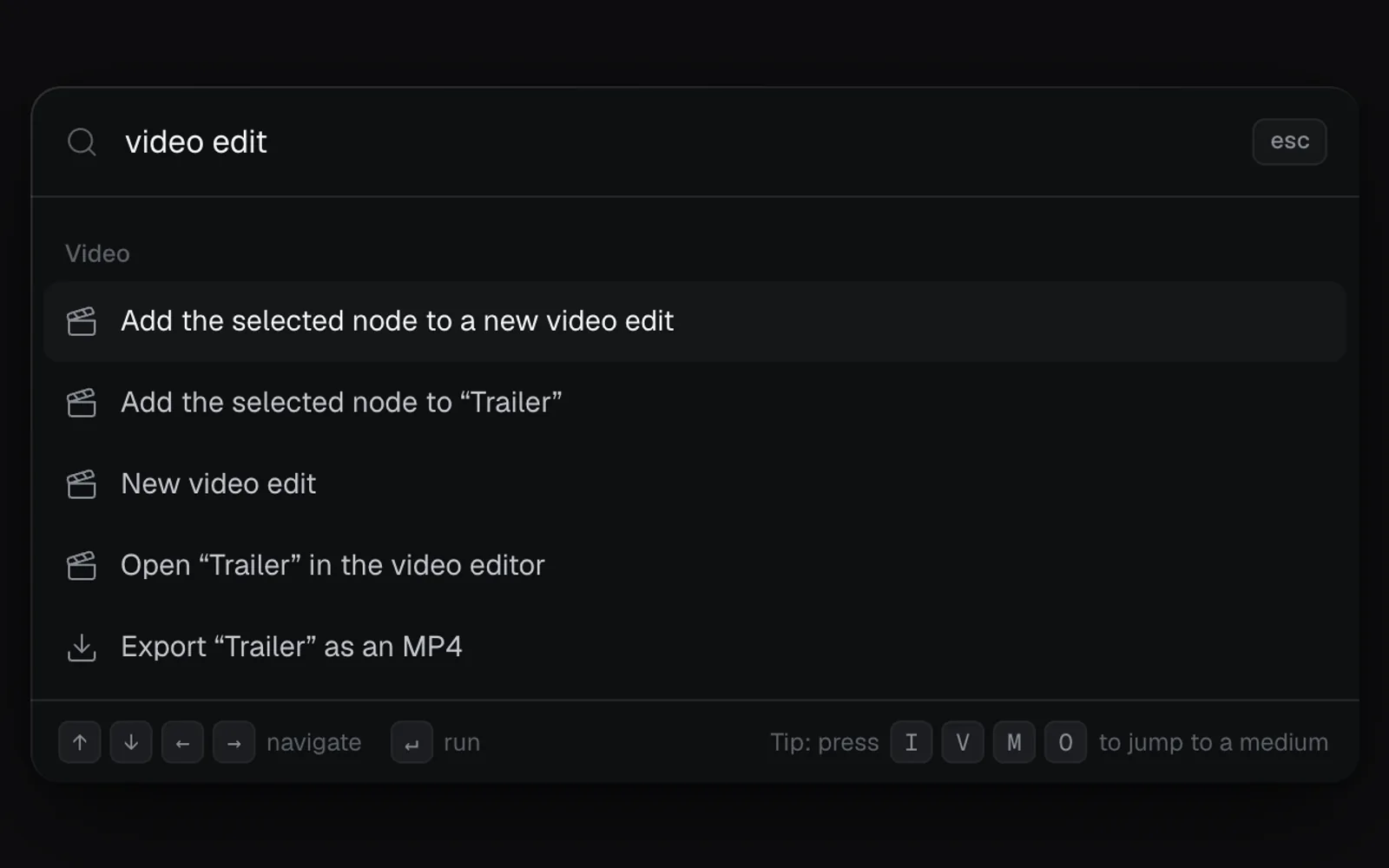 The command menu searched for video edit, its Video group: add the selected node to a new edit or to Trailer, new video edit, open and export Trailer